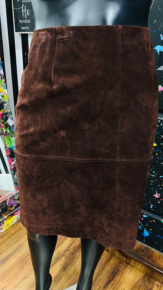 Vintage Brown Genuine Leather Suede Skirt (22W)