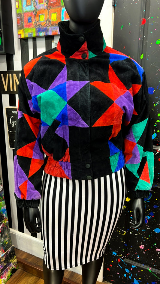 Plus Size Vintage Color Block Genuine Suede Leather Jacket (16)
