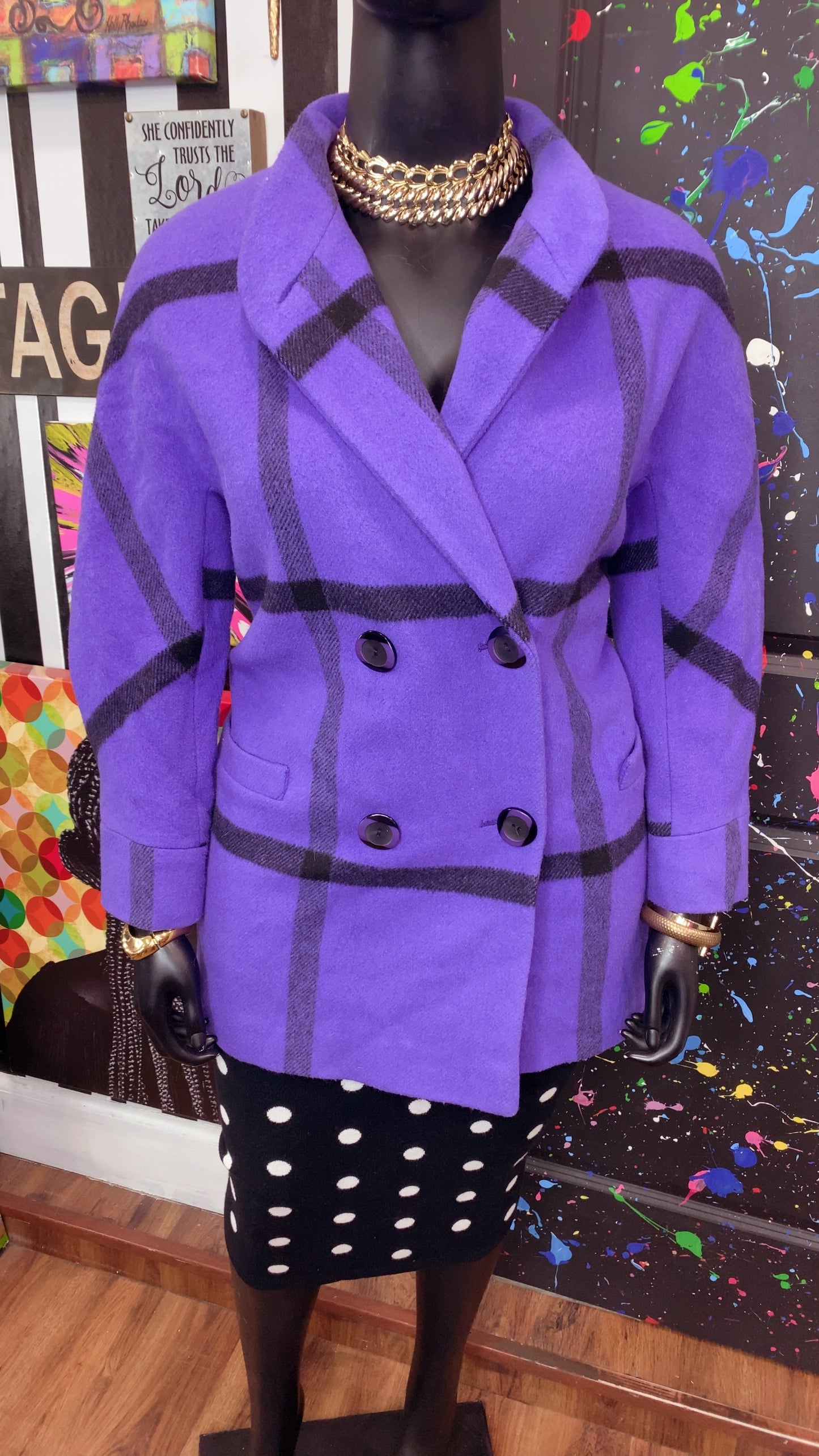 Vintage Purple & Black Striped Wool Coat w/ Lining (16)