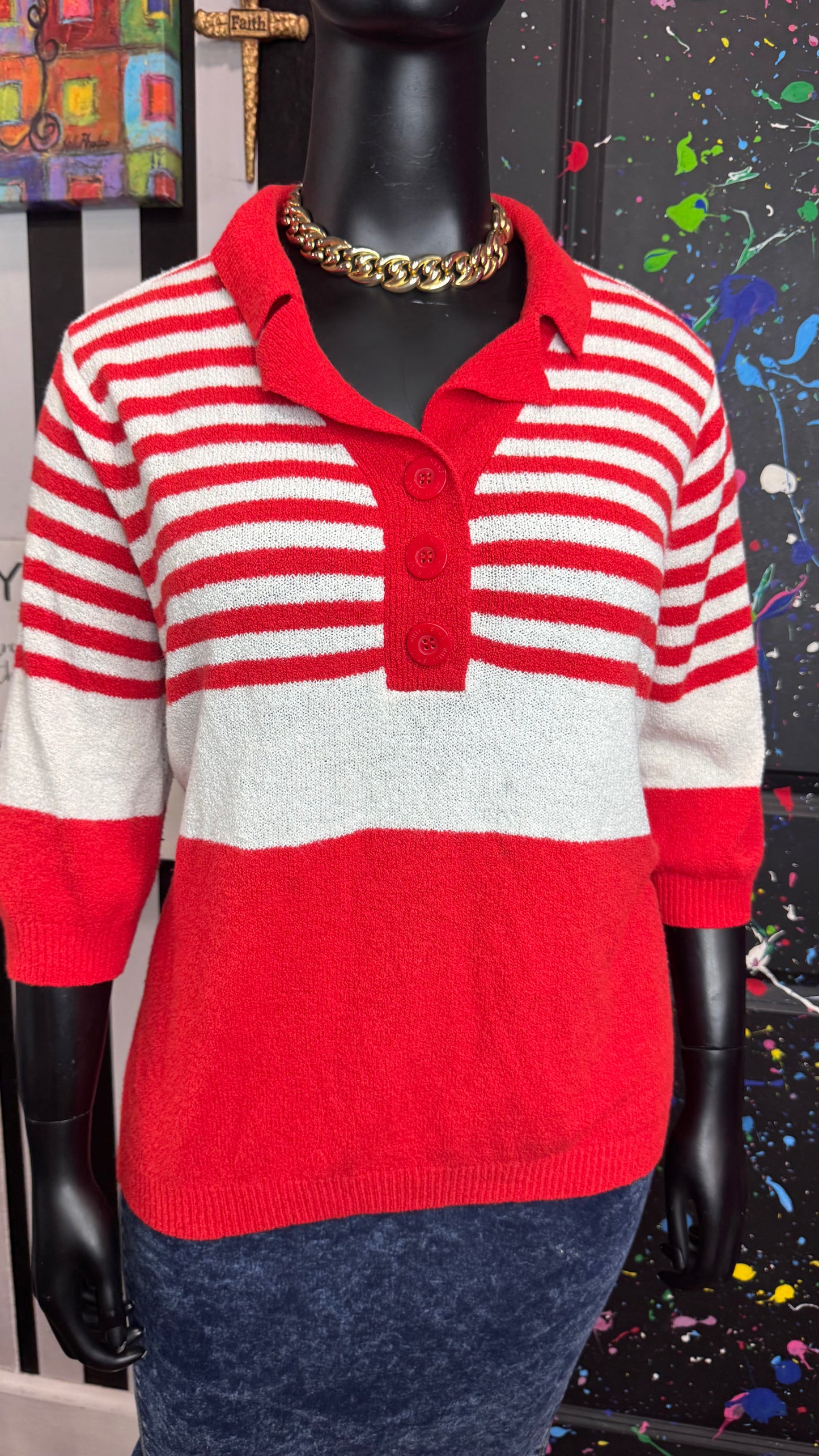 Vintage Red & White Striped Short Sleeve Blouse (24/26)