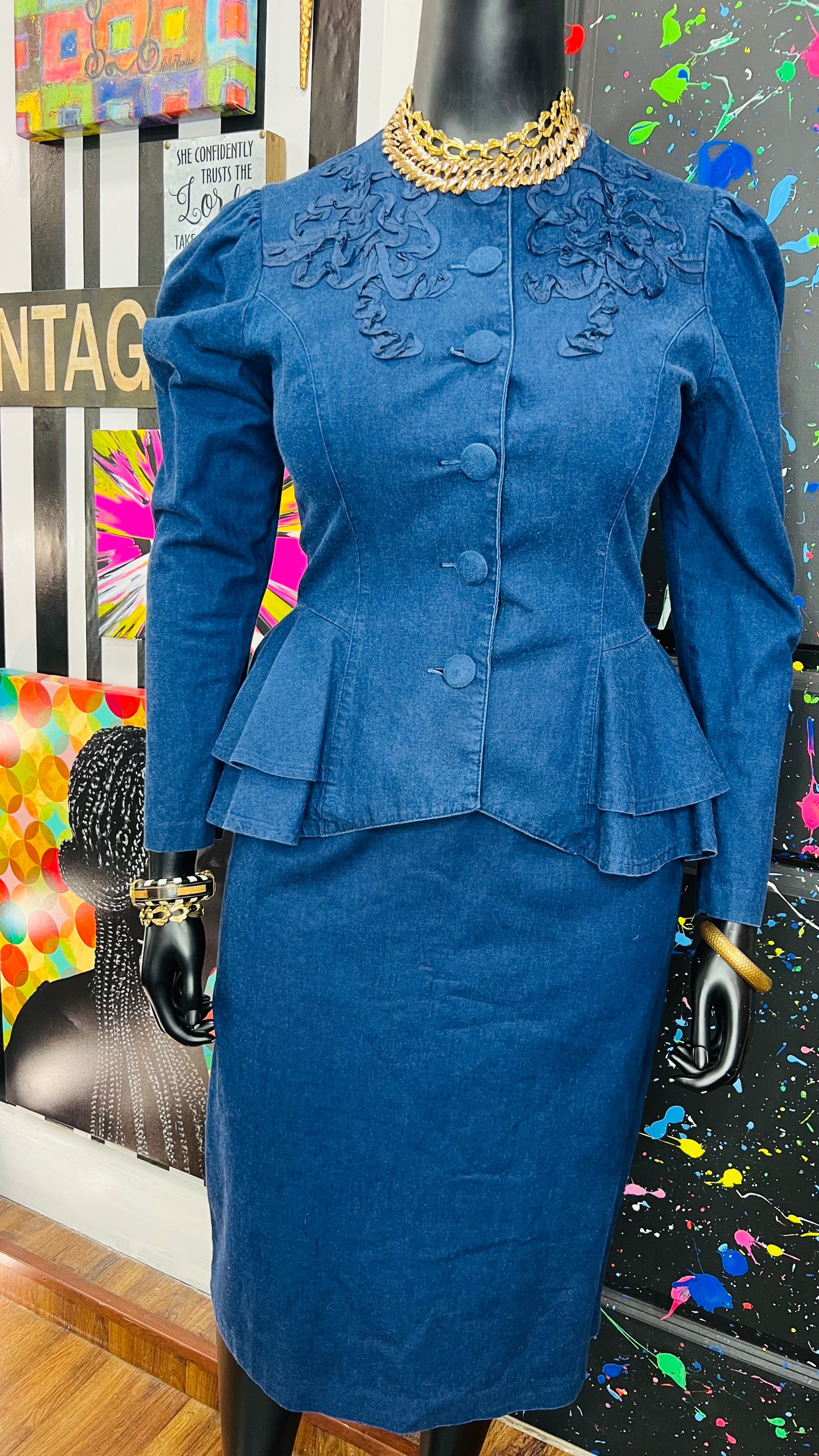 Vintage Denim Peplum Skirt Set (13/14)