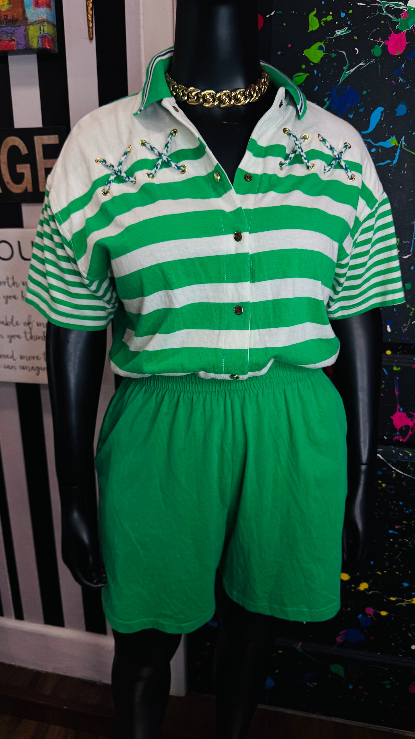Vintage Cotton Green & White Striped Romper (14/16) *KC