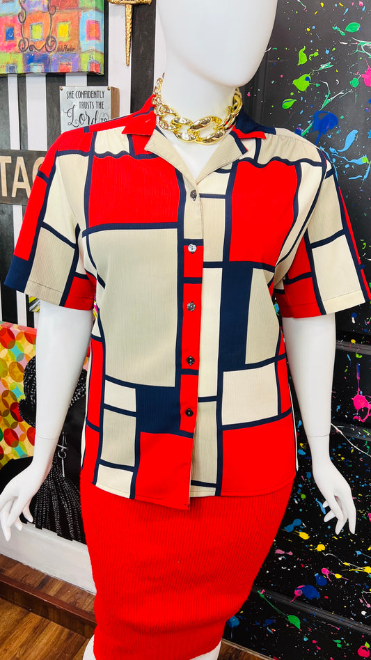 Vintage Navy Blue, Red & Cream Block Blouse (18W)