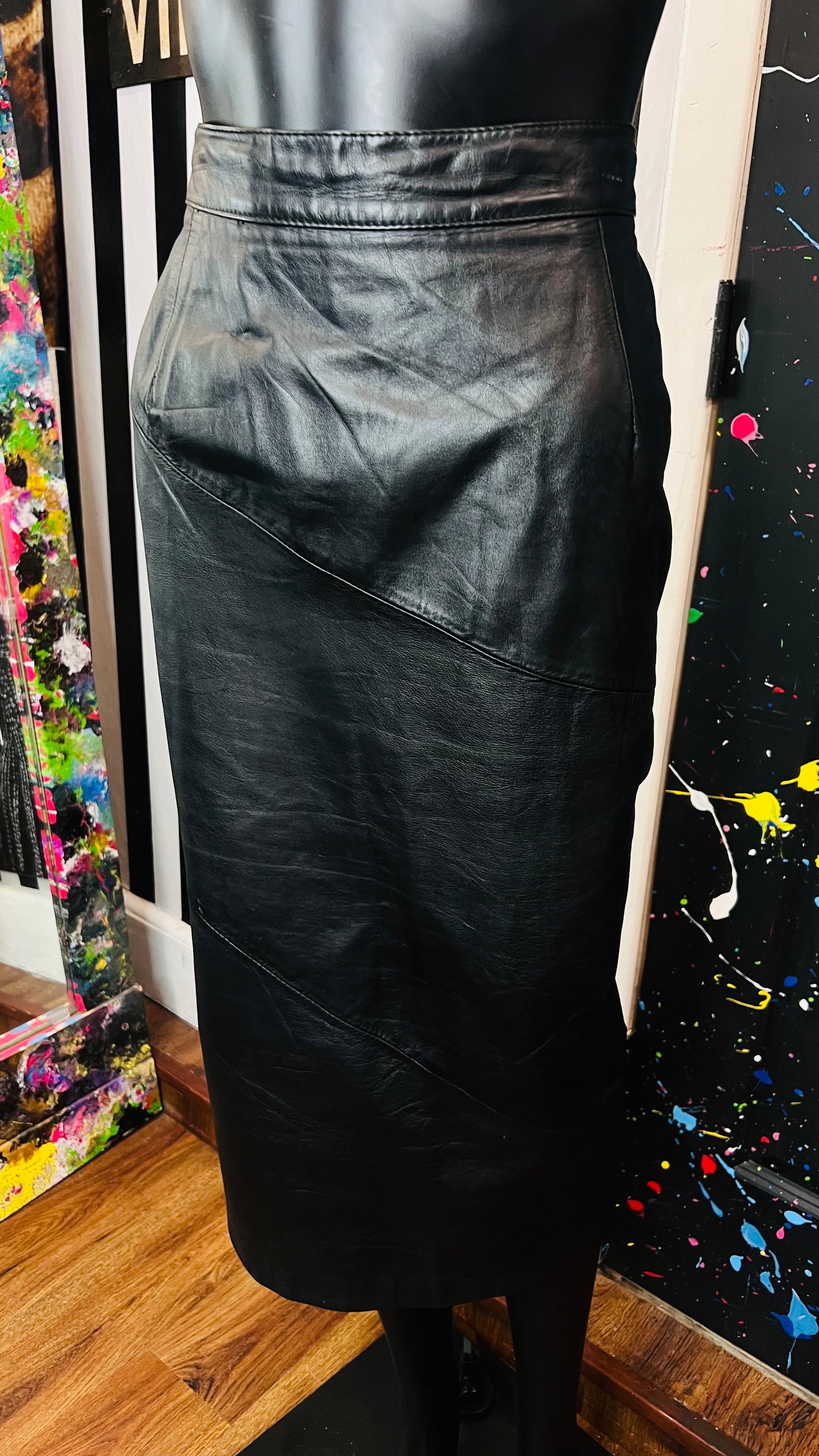 Vintage Black Genuine Leather Skirt (12/14)