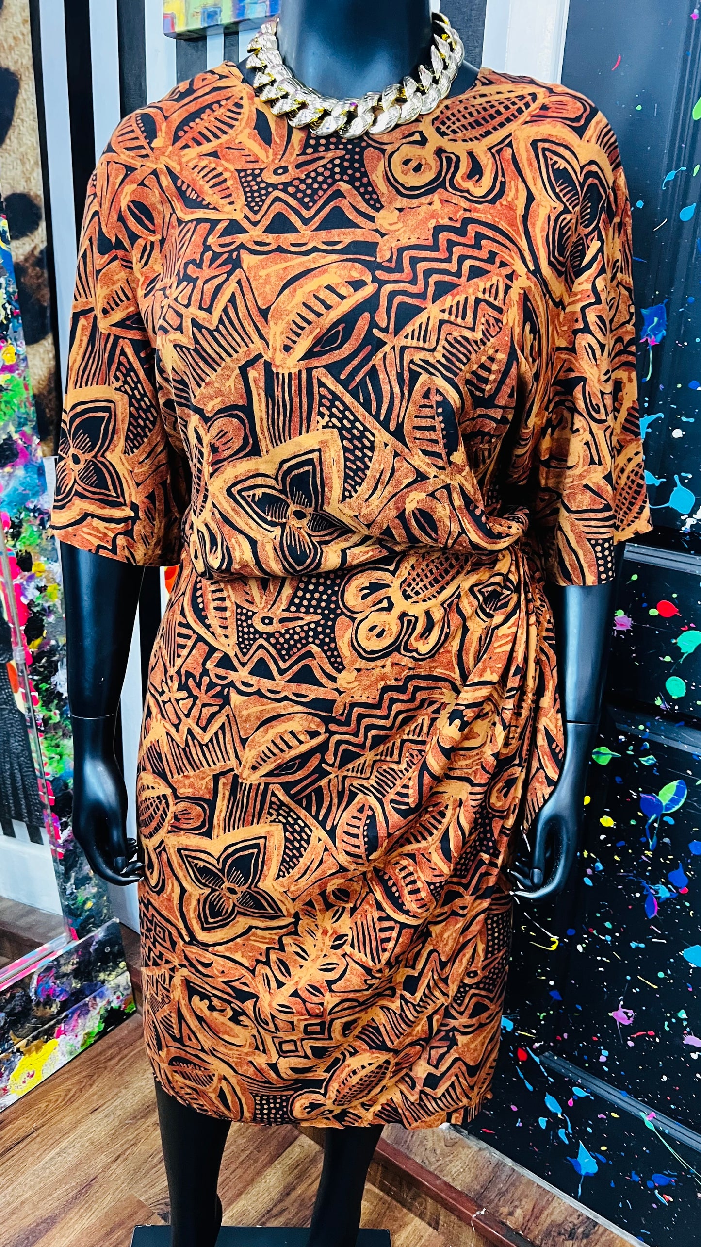 Vintage Rayon Sarong Style Tribal Print Dress (28) - Fits Like a 22