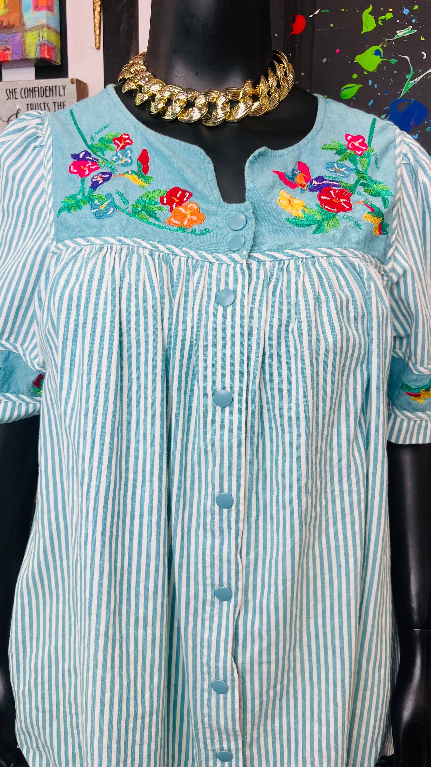 Vintage Striped Cotton House Dress- Blue & White (18/20)