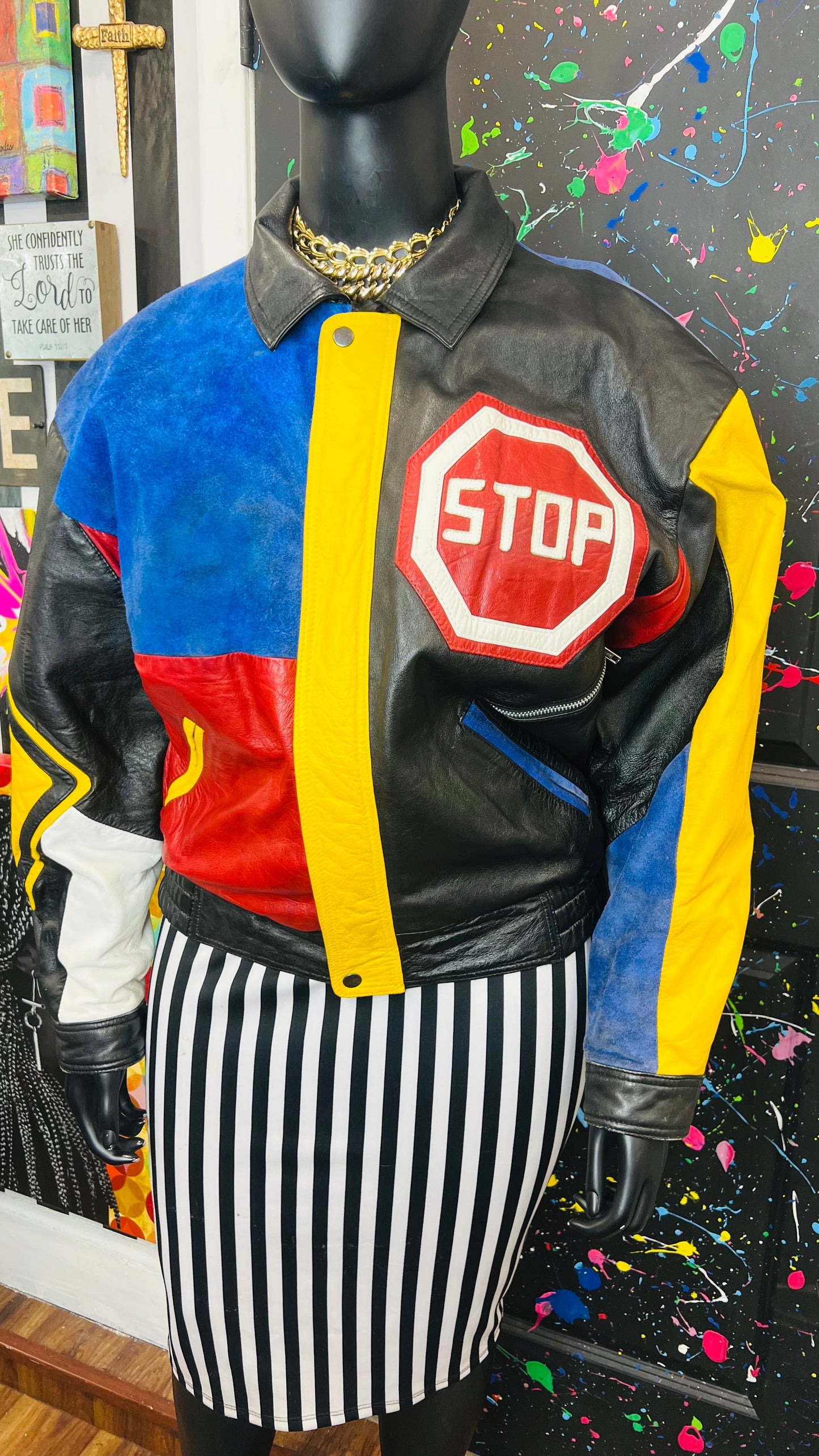 Vintage Road Sign Genuine Leather & Suede Jacket (20/22)