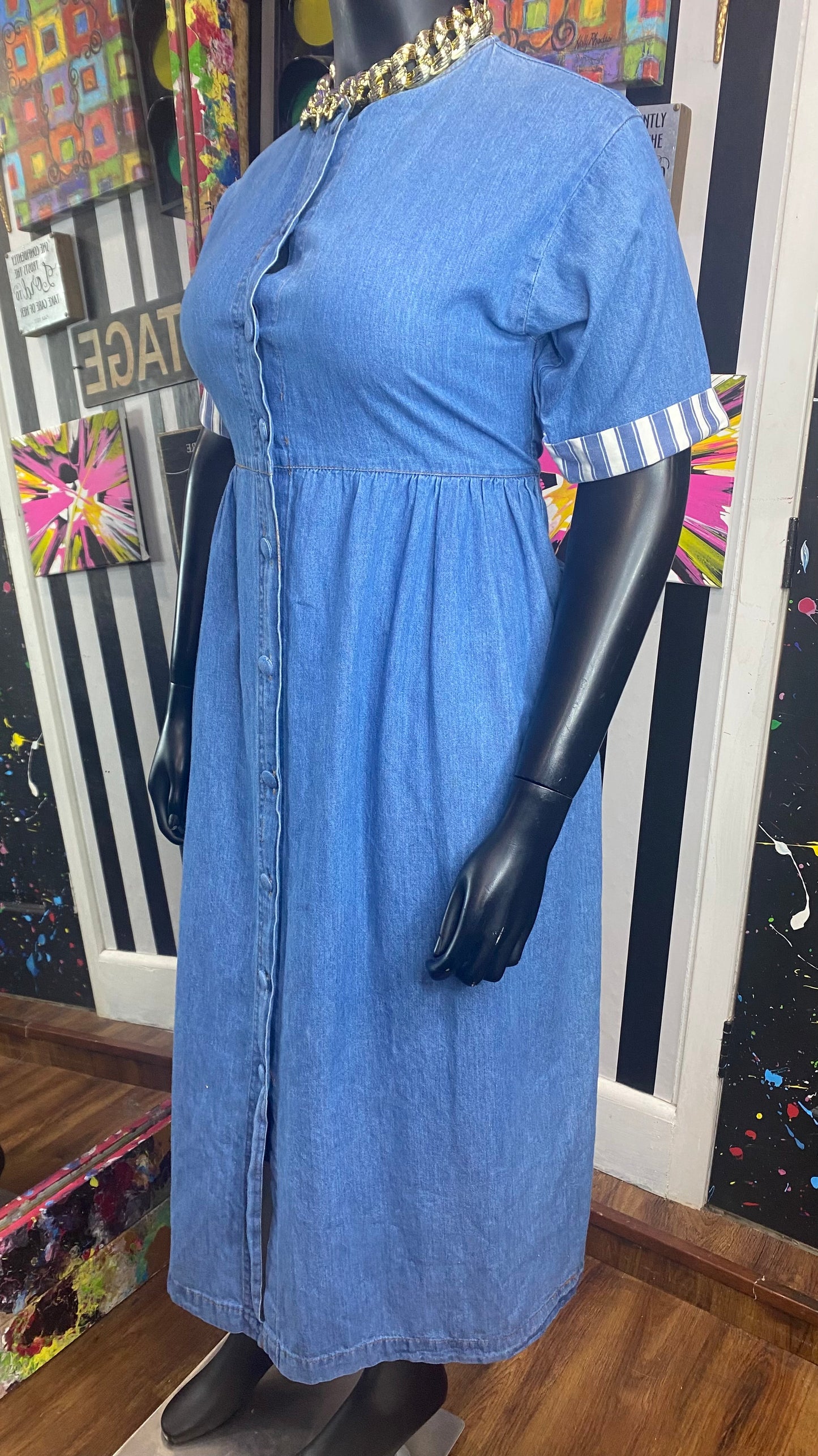 Vintage Denim Striped Sleeve Dress (12)