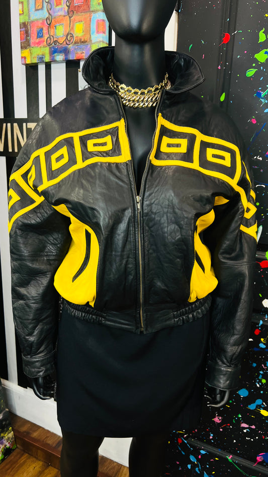 Vintage Genuine Leather Yellow & Black Tribal Print Coat (16/18)