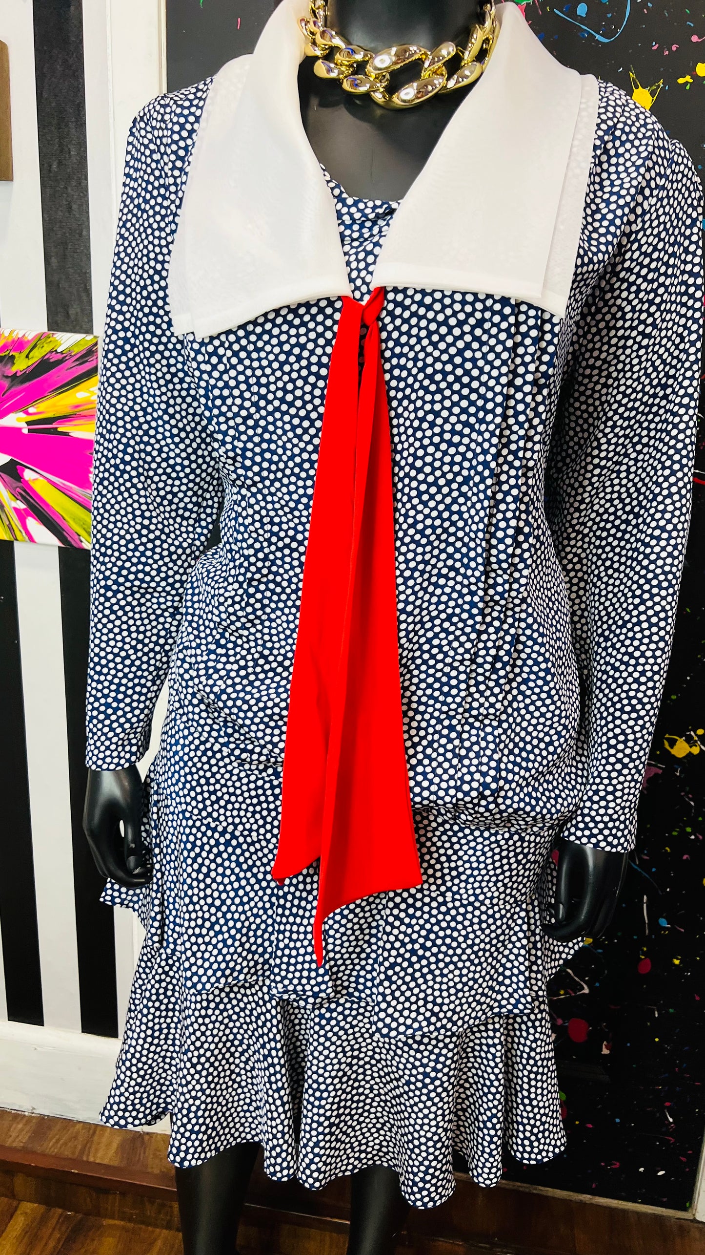 Vintage Polka Dot Navy Blue, Red & White Skirt Set (22W)