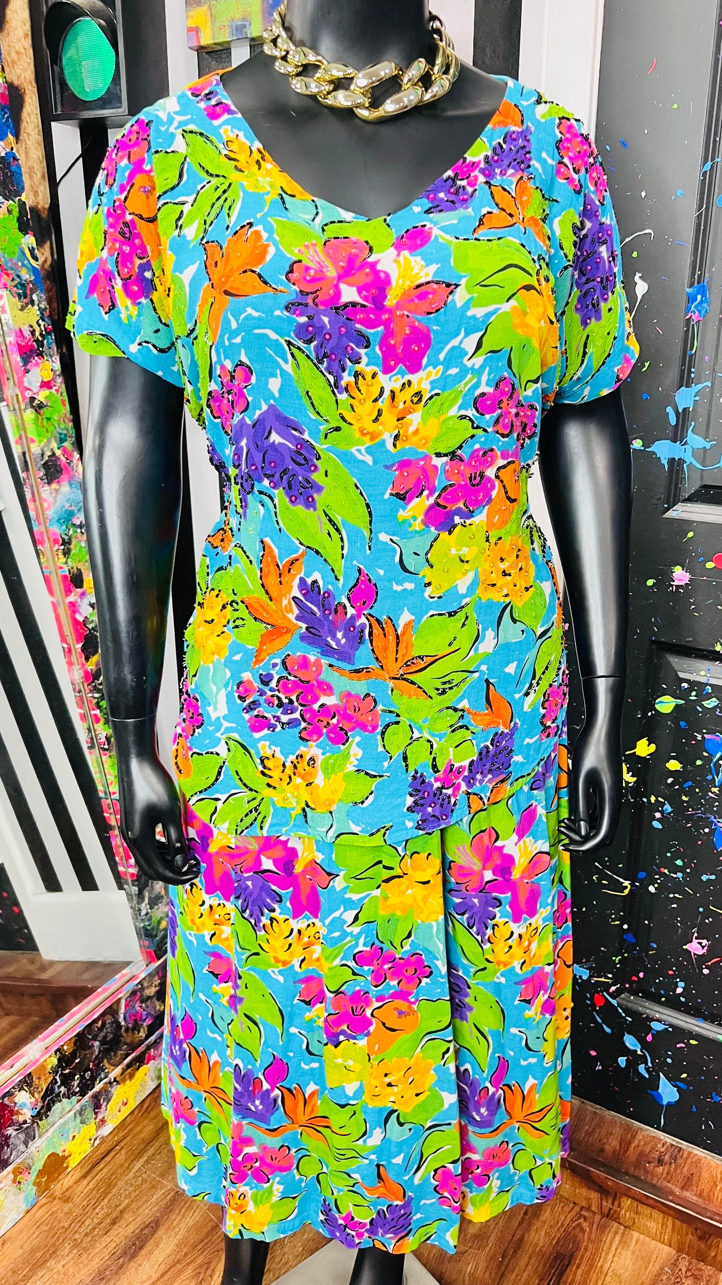 Vintage We Be Bop Floral & Sequin Rayon Skirt Set (20) *KC