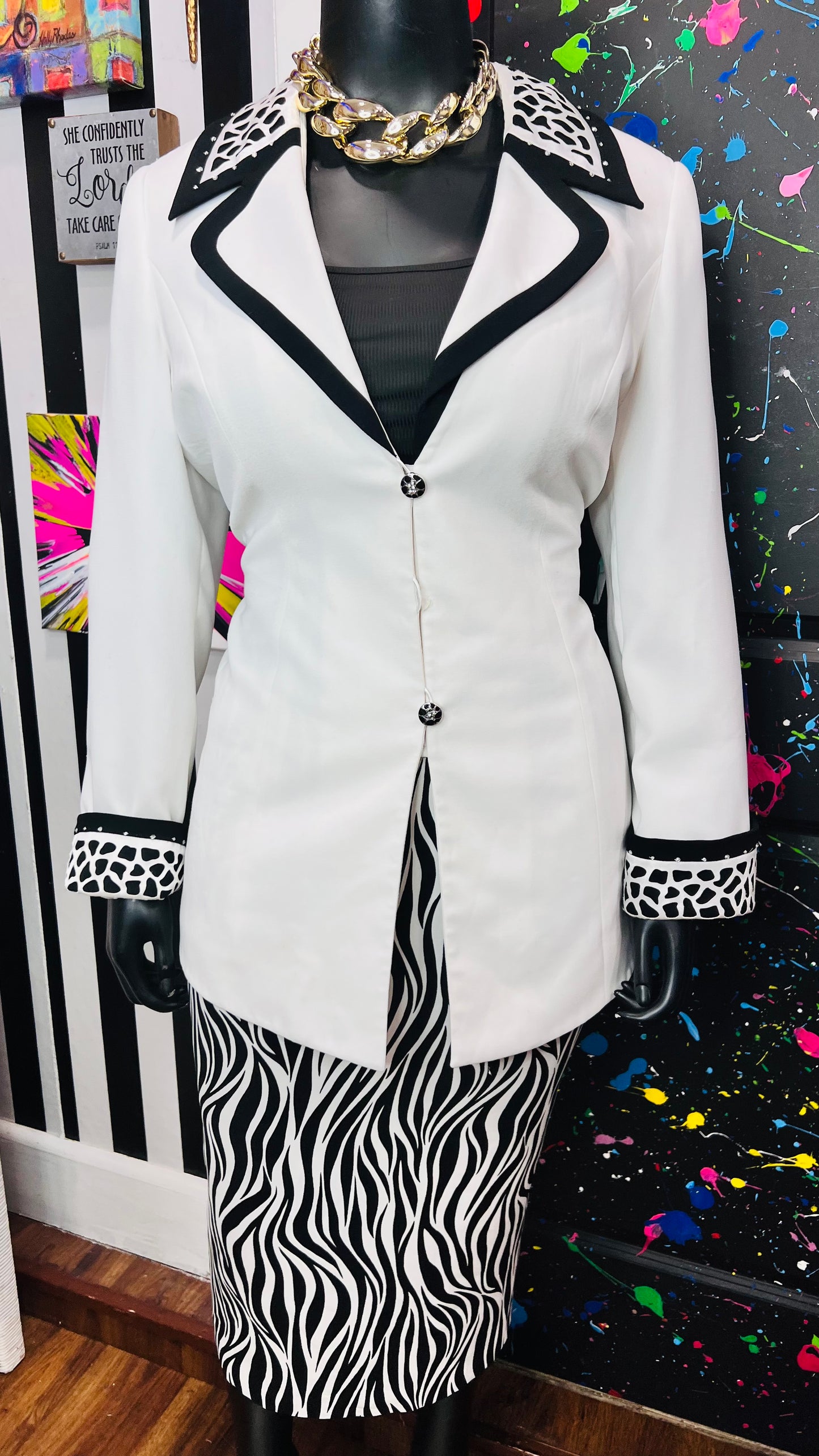 Vintage Jeweled Zebra Print Skirt Suit (16W)