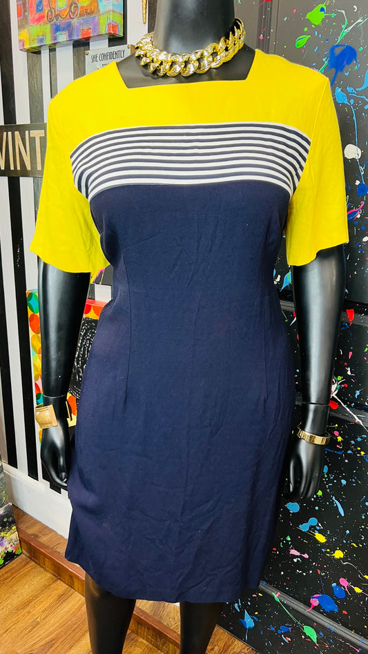 Vintage Navy Blue Yellow & White Striped Dress (20)