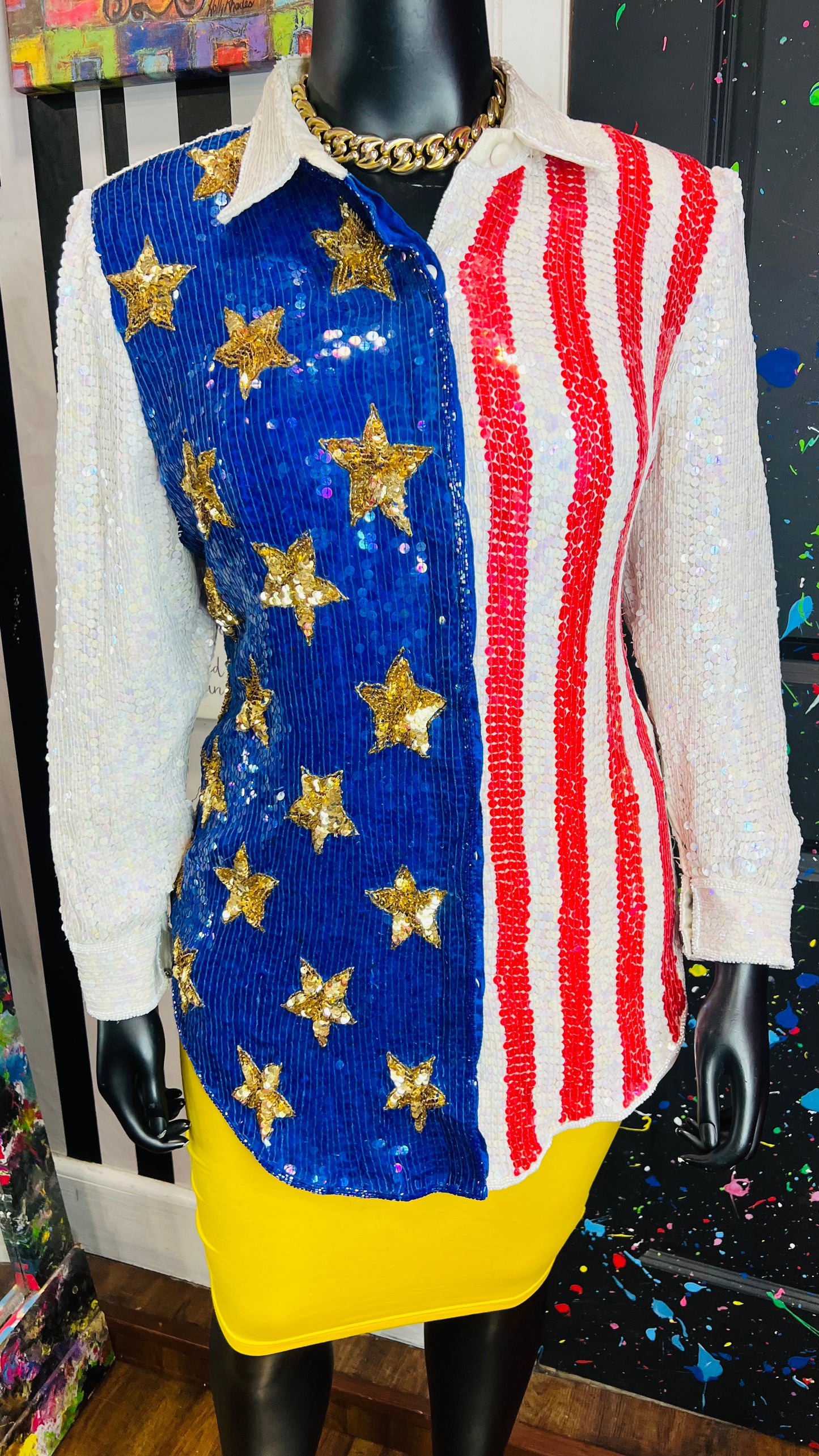 Vintage 100% Silk Sequin American Flag Blouse (20)