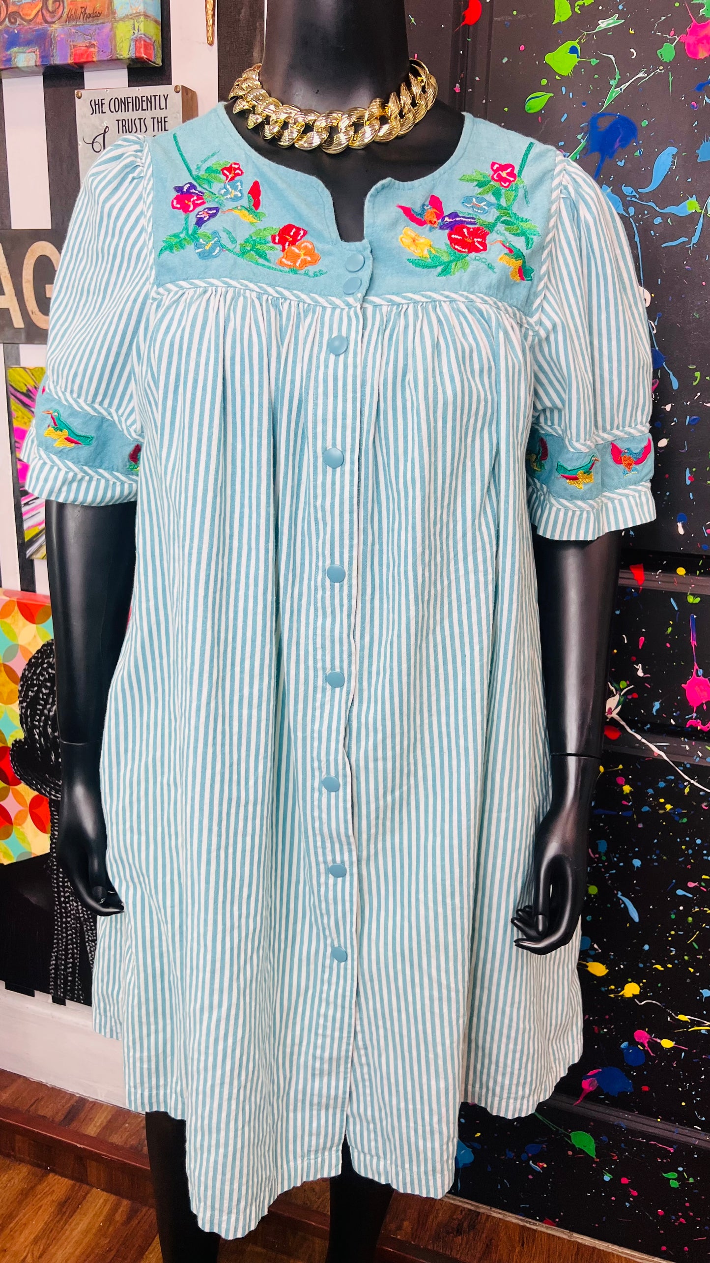 Vintage Striped Cotton House Dress- Blue & White (18/20)