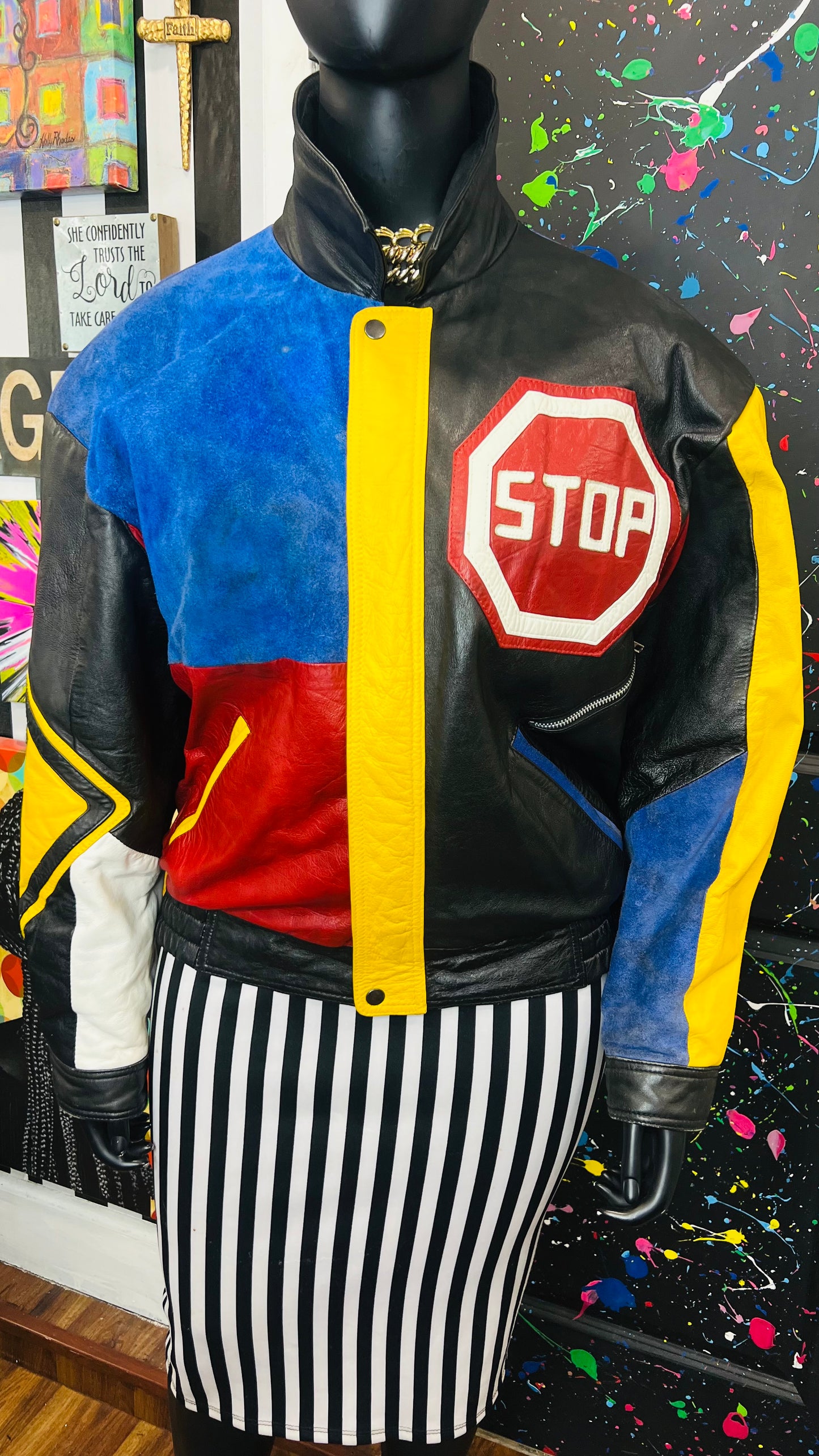 Vintage Road Sign Genuine Leather & Suede Jacket (20/22)