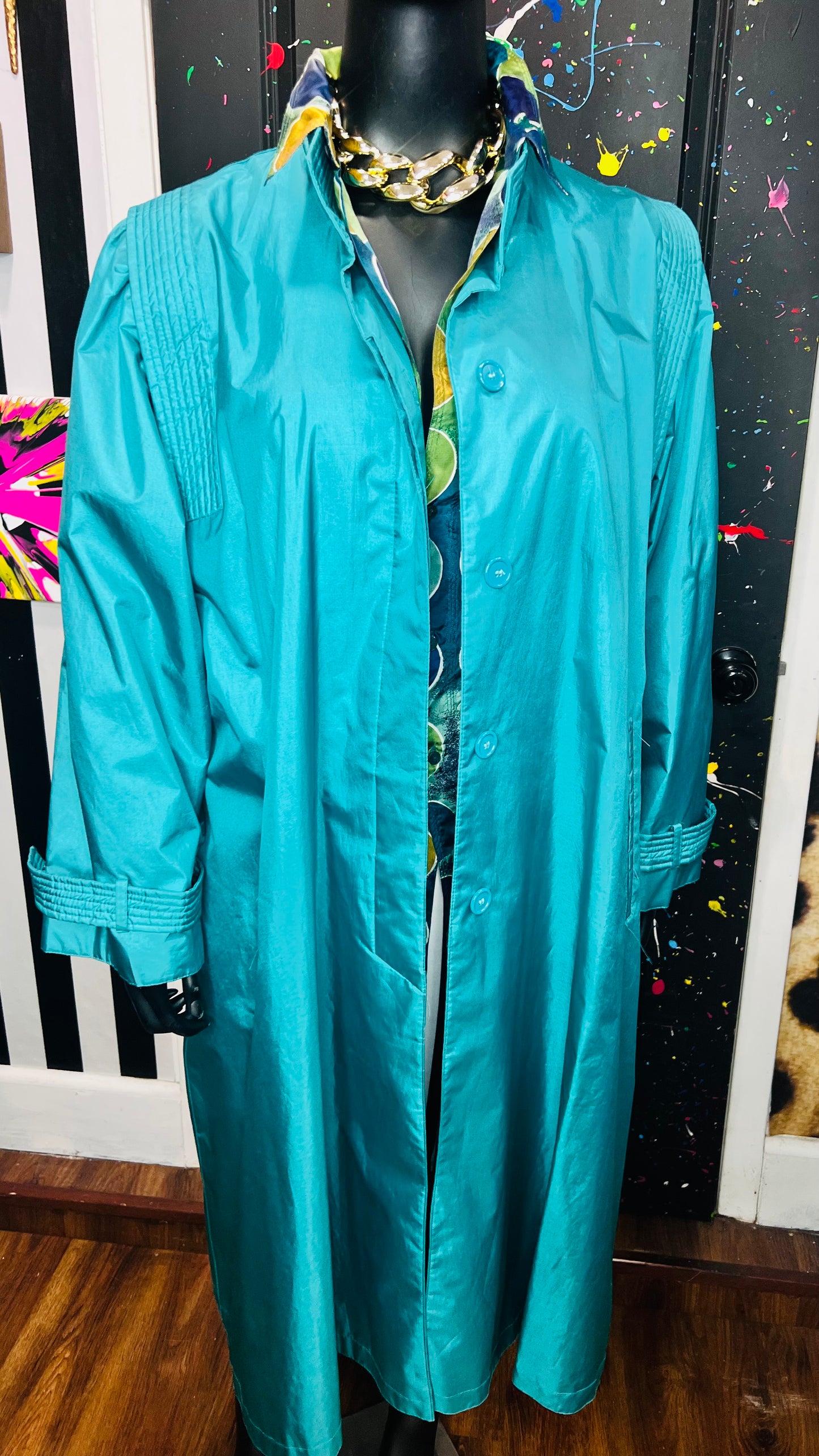 Vintage Teal Rain Trench Coat (24)