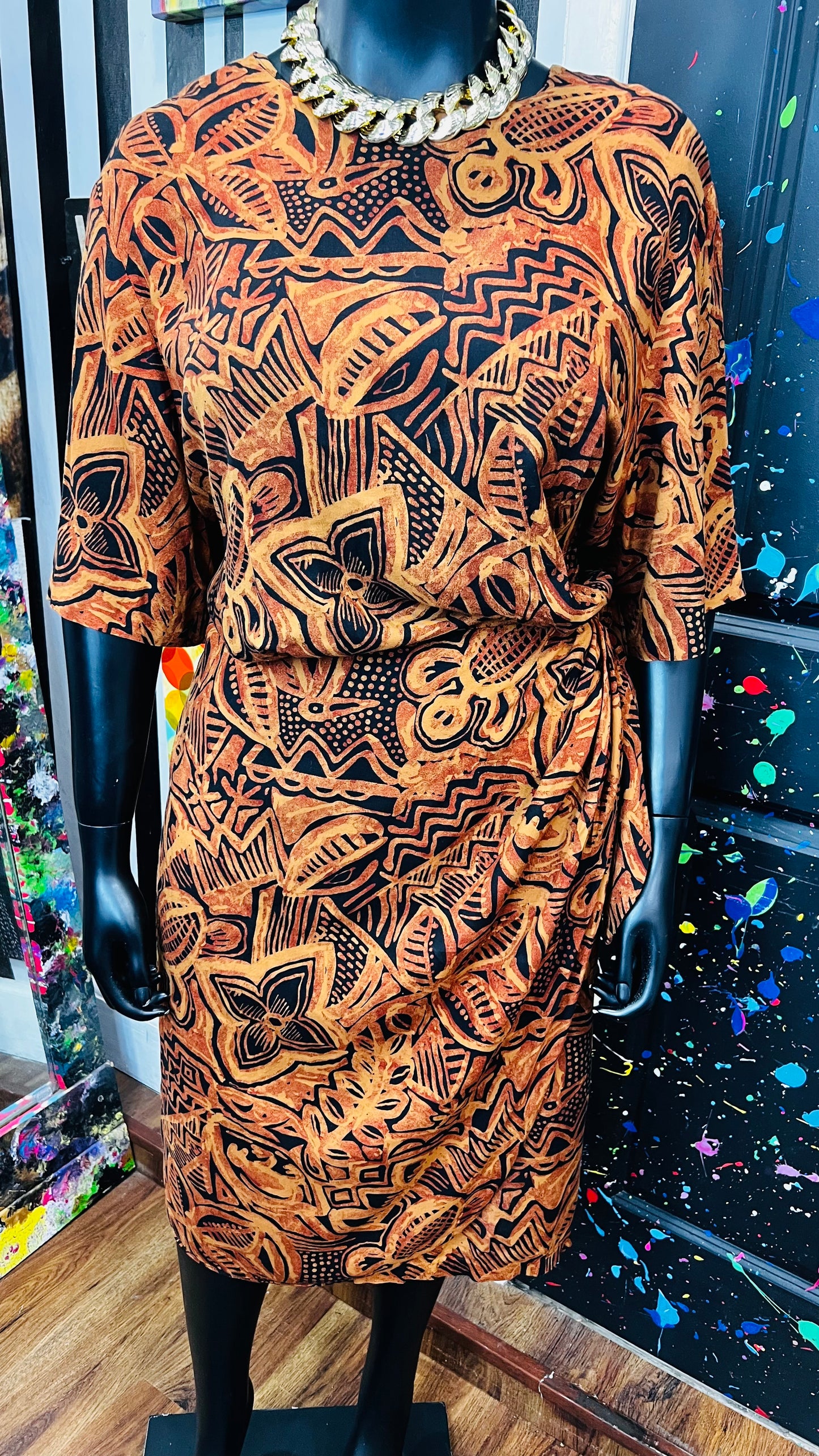 Vintage Rayon Sarong Style Tribal Print Dress (28) - Fits Like a 22