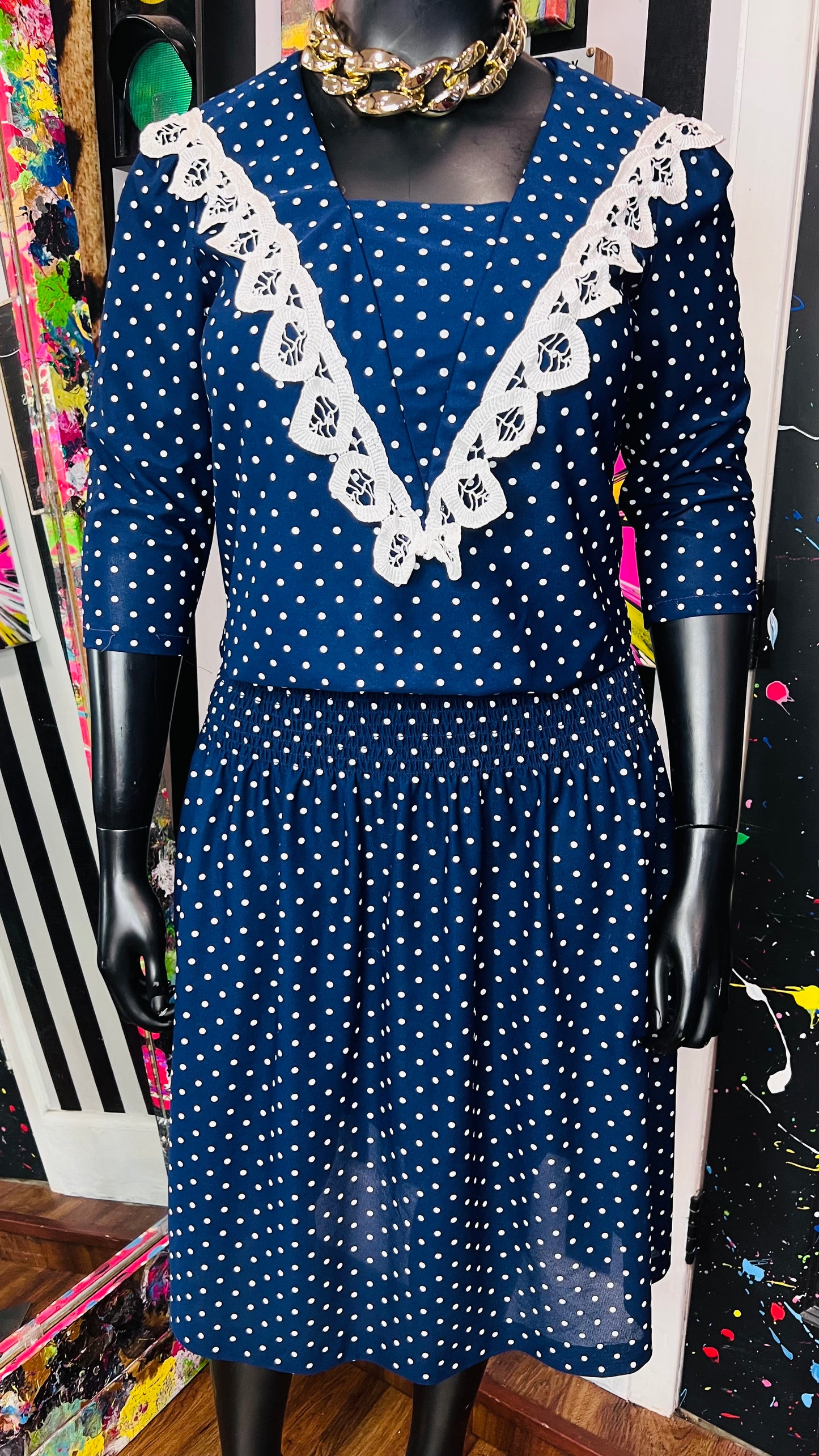 Vintage Navy Blue & White Polka Dot Dress (12)