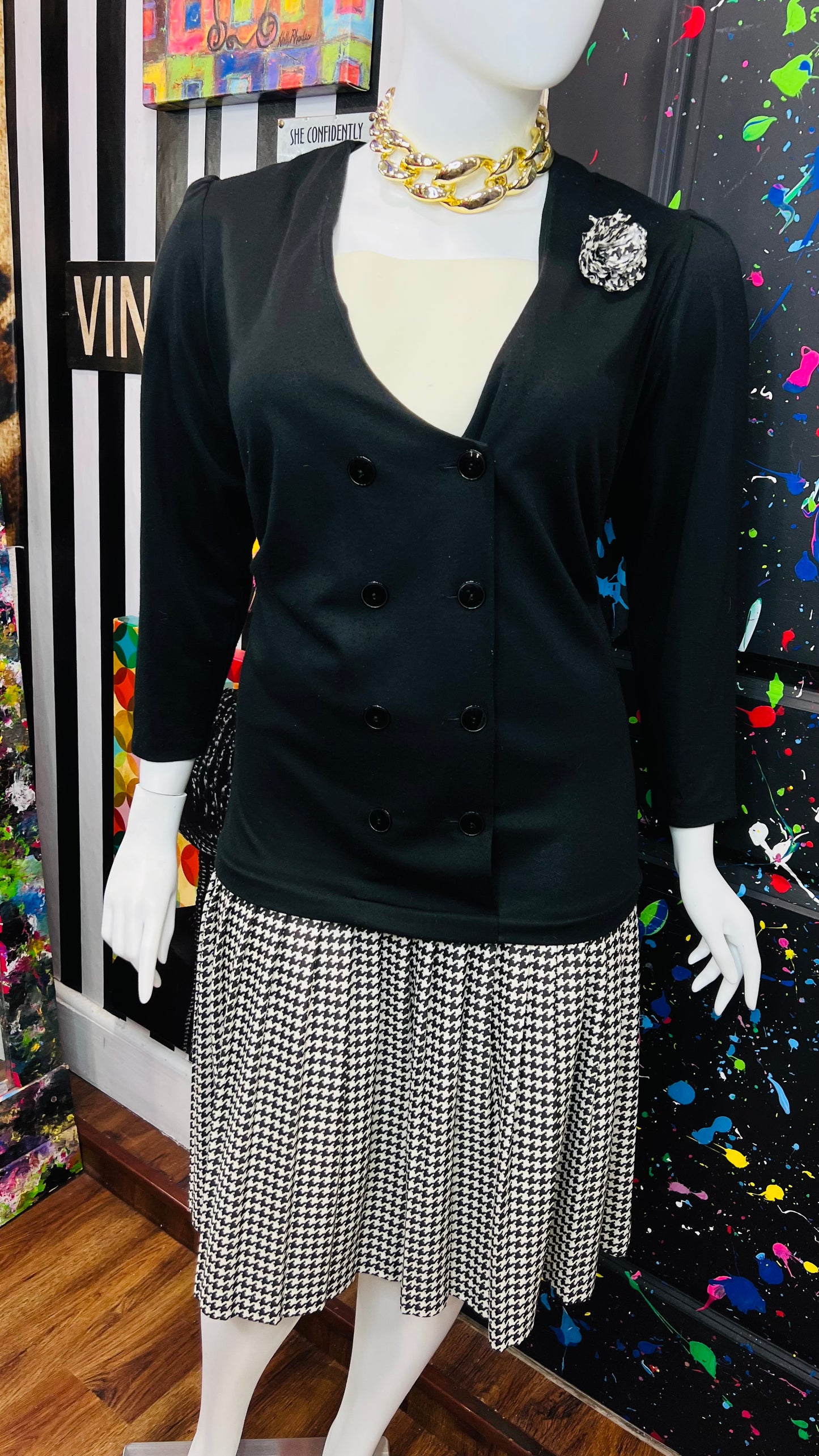 Vintage Houndstooth & Solid Black Dress (24W)
