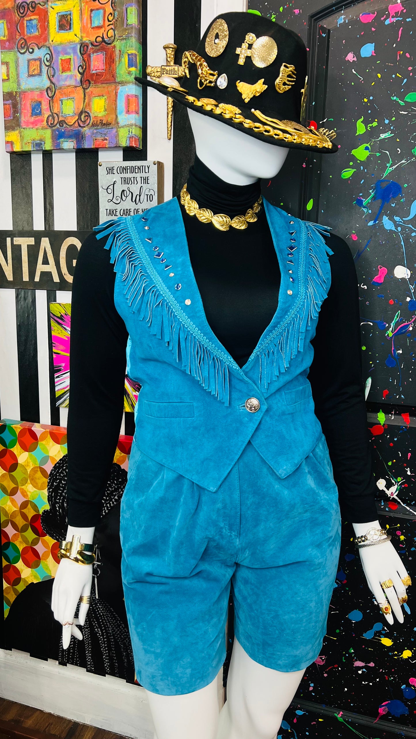 Vintage Suede Leather Fringe & Jewel Short Set (12/14)