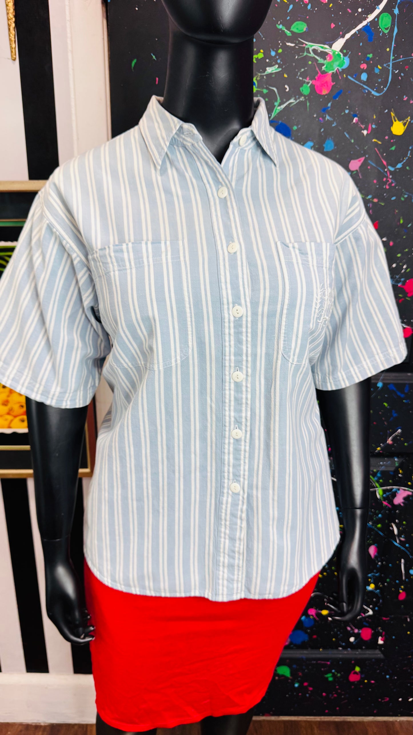 Vintage Blue & White Striped Denim Blouse (22W)