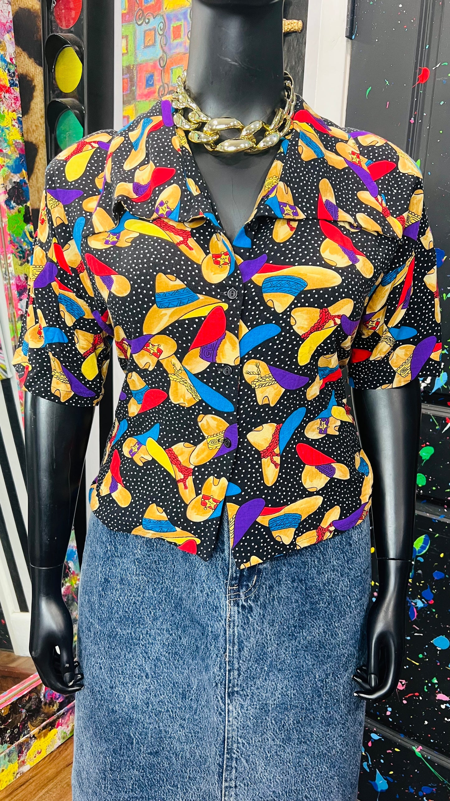 Vintage Rayon Polka Dot & Cowboy Hat Cropped Blouse (22)