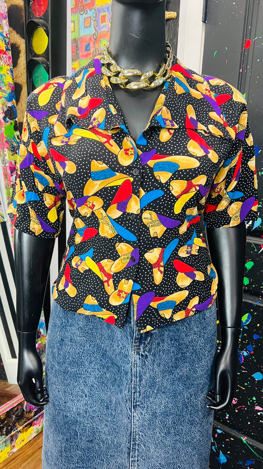 Vintage Rayon Polka Dot & Cowboy Hat Cropped Blouse (22)