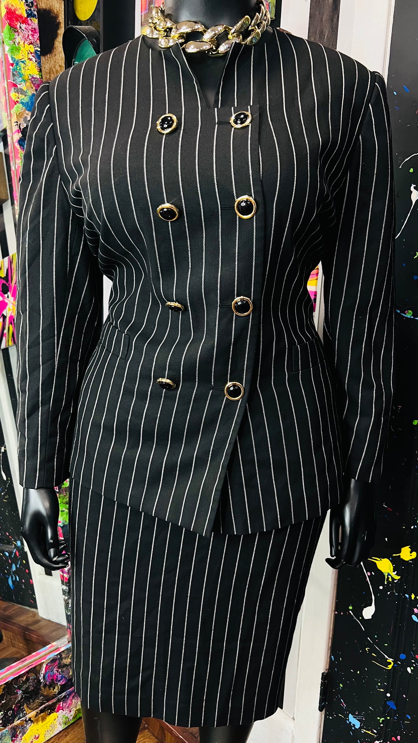 Vintage Black & White Striped Skirt Suit (20W)