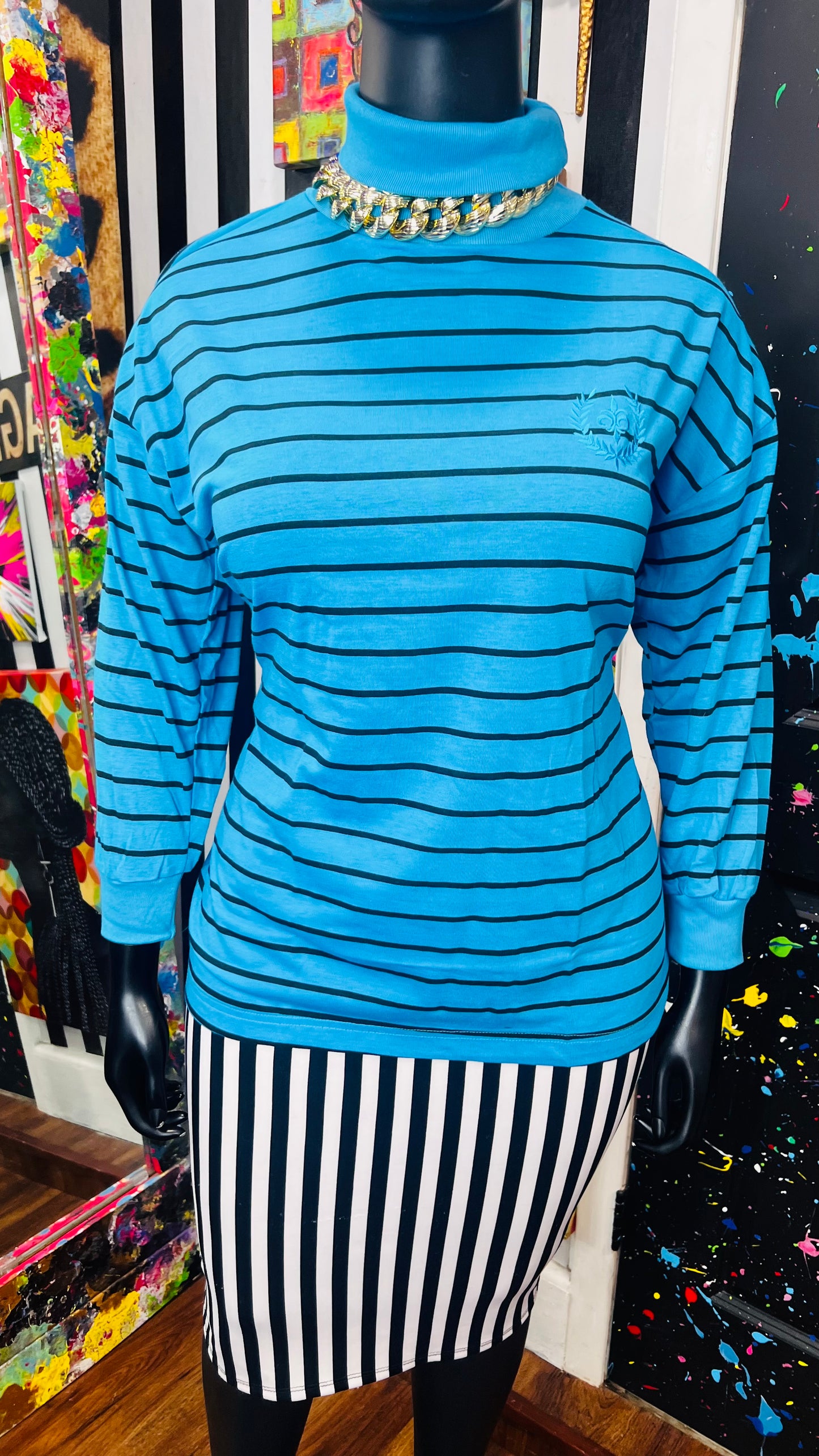 Vintage 100% Cotton Black Striped Turtle Neck- Blue (18)