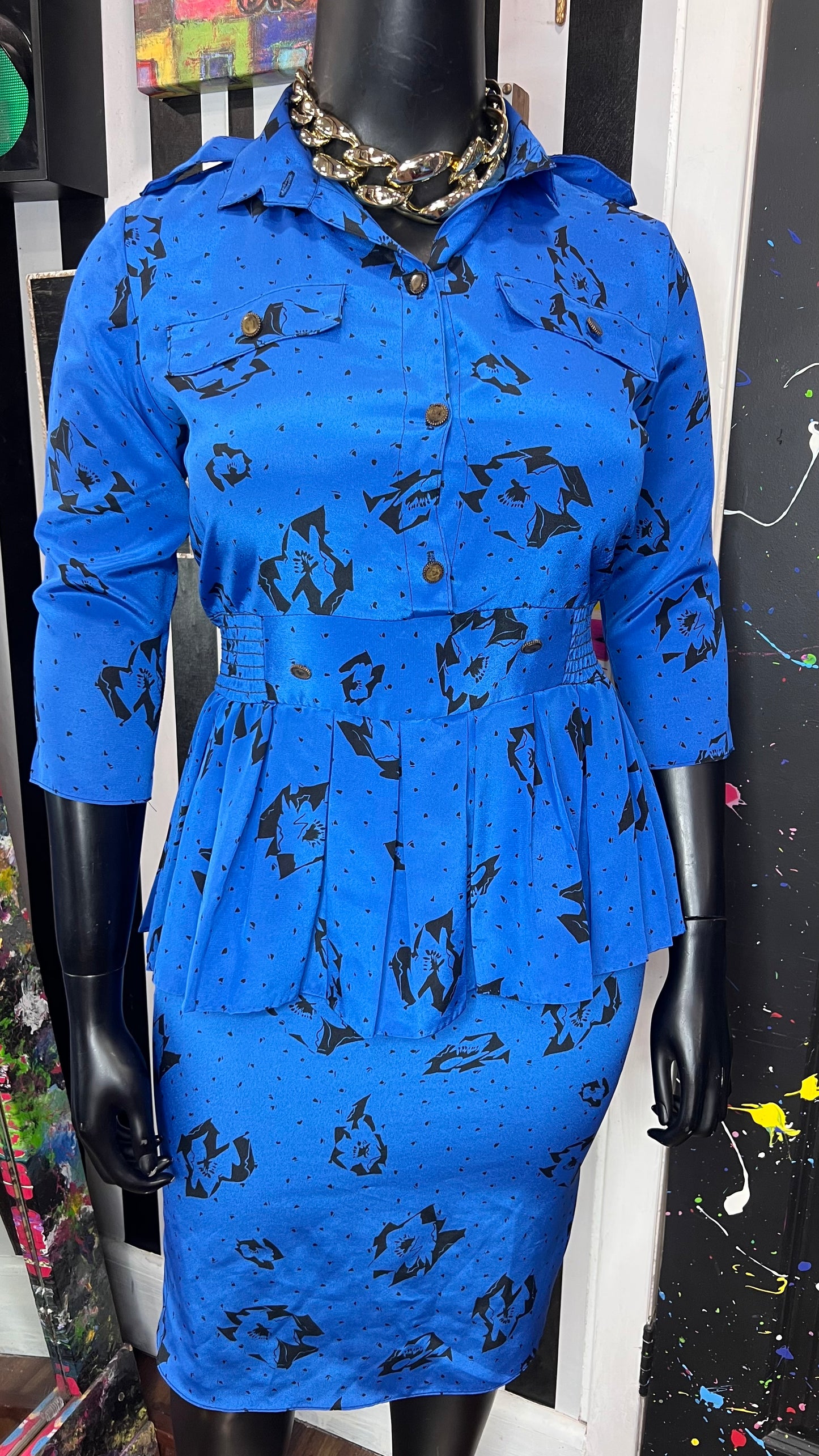 Vintage Blue & Black Peplum Dress (12)