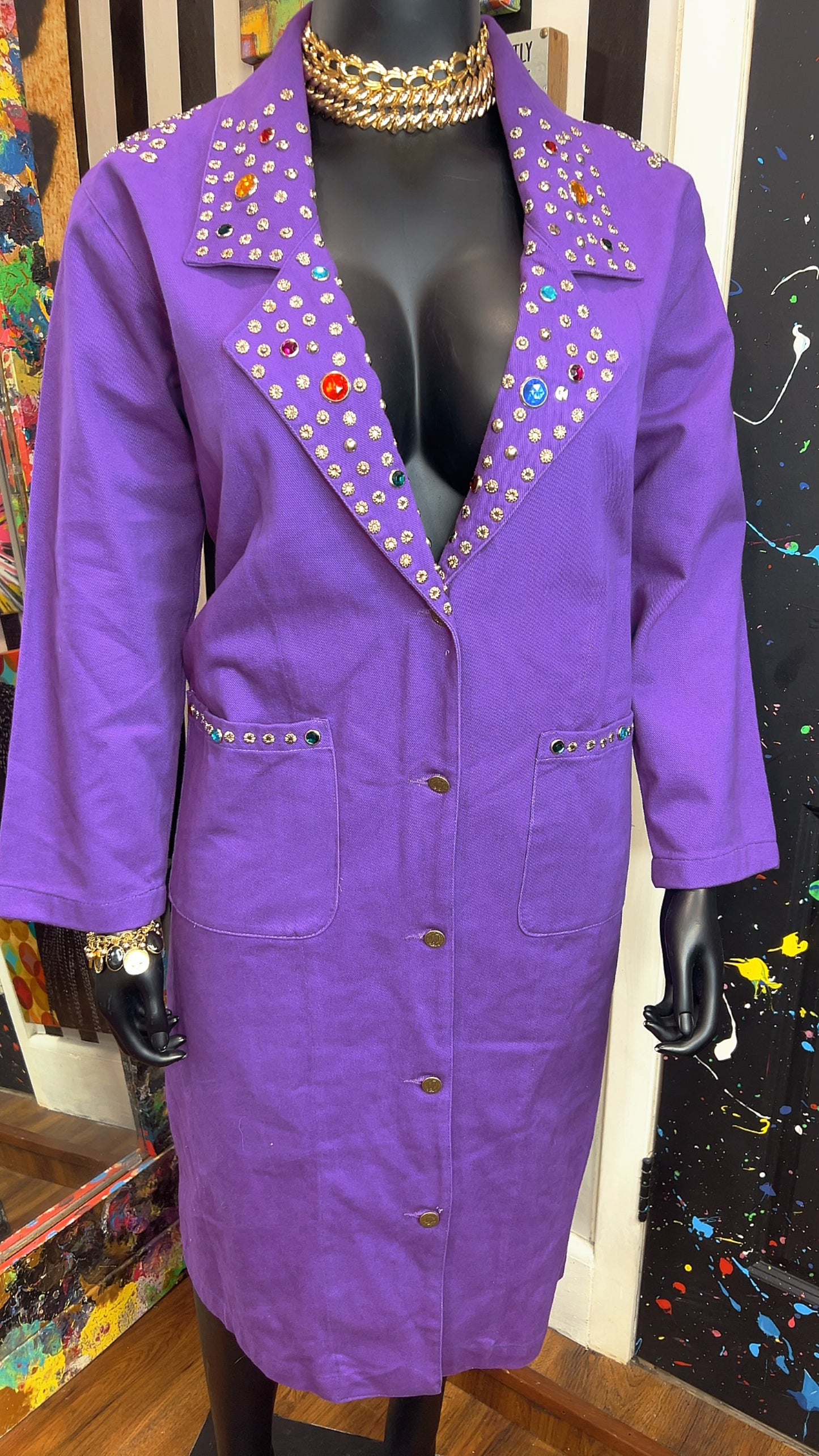 Vintage Purple Denim Jeweled Trench Coat (16)