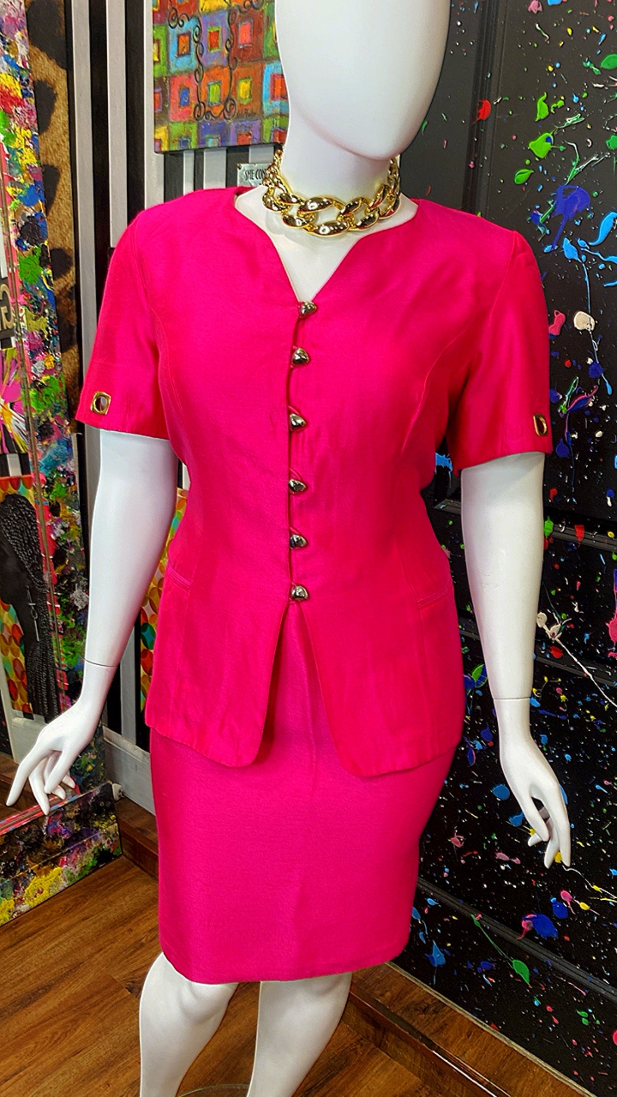 Vintage Vibrant Pink Skirt Suit W/ Gold Accents (20W)