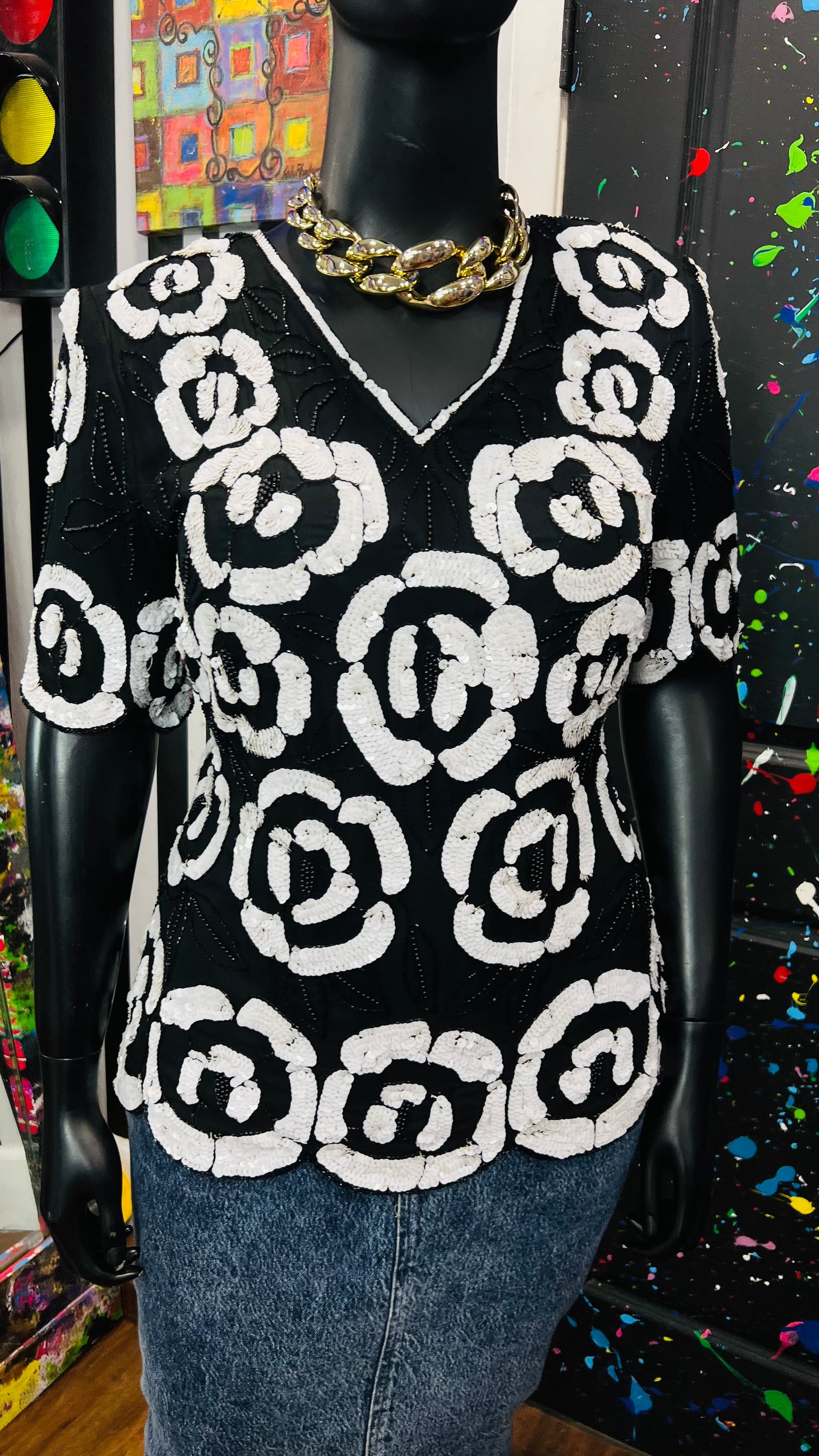 Vintage Black & White Sequin Blouse (16)
