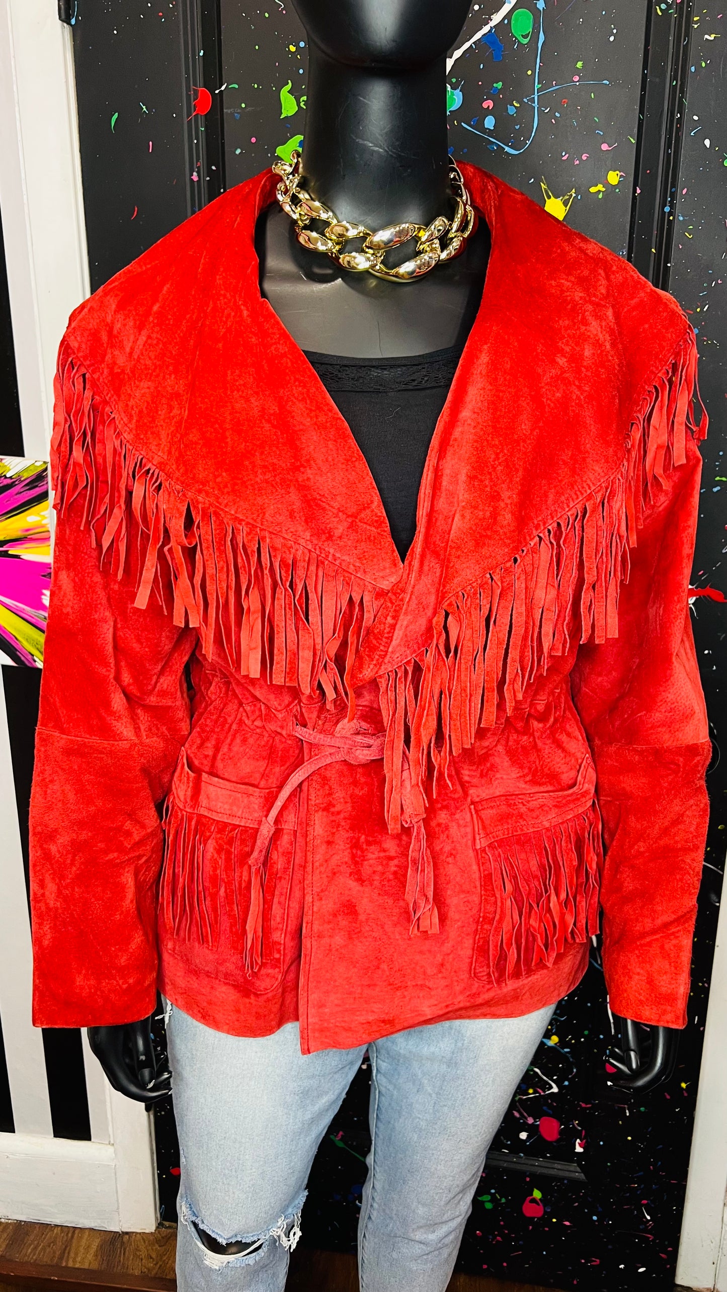 Vintage Red Suede Leather Fringe Coat (18)