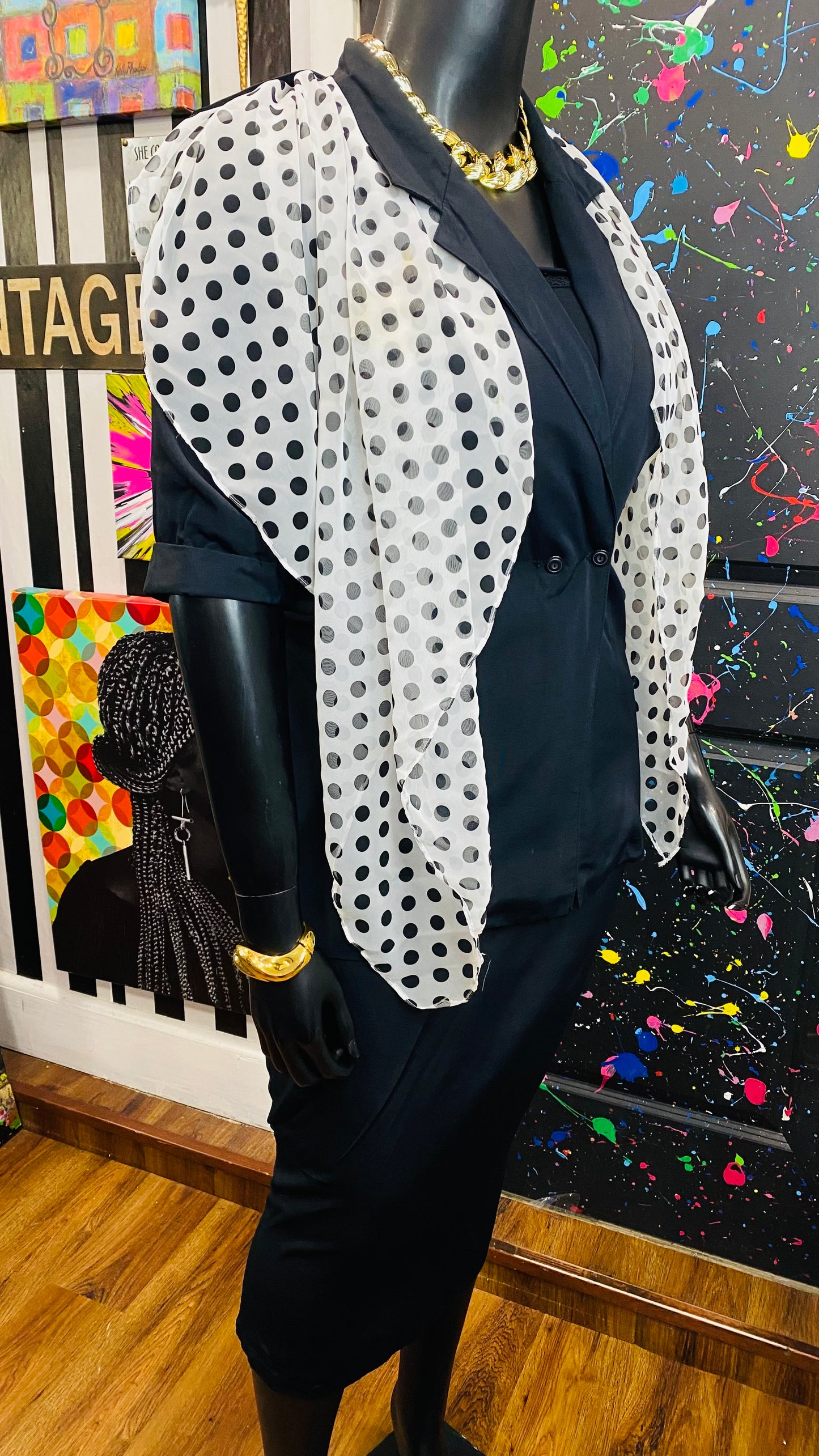 Vintage Black Skirt Set w/ Polka Dot & White Scarf (14)