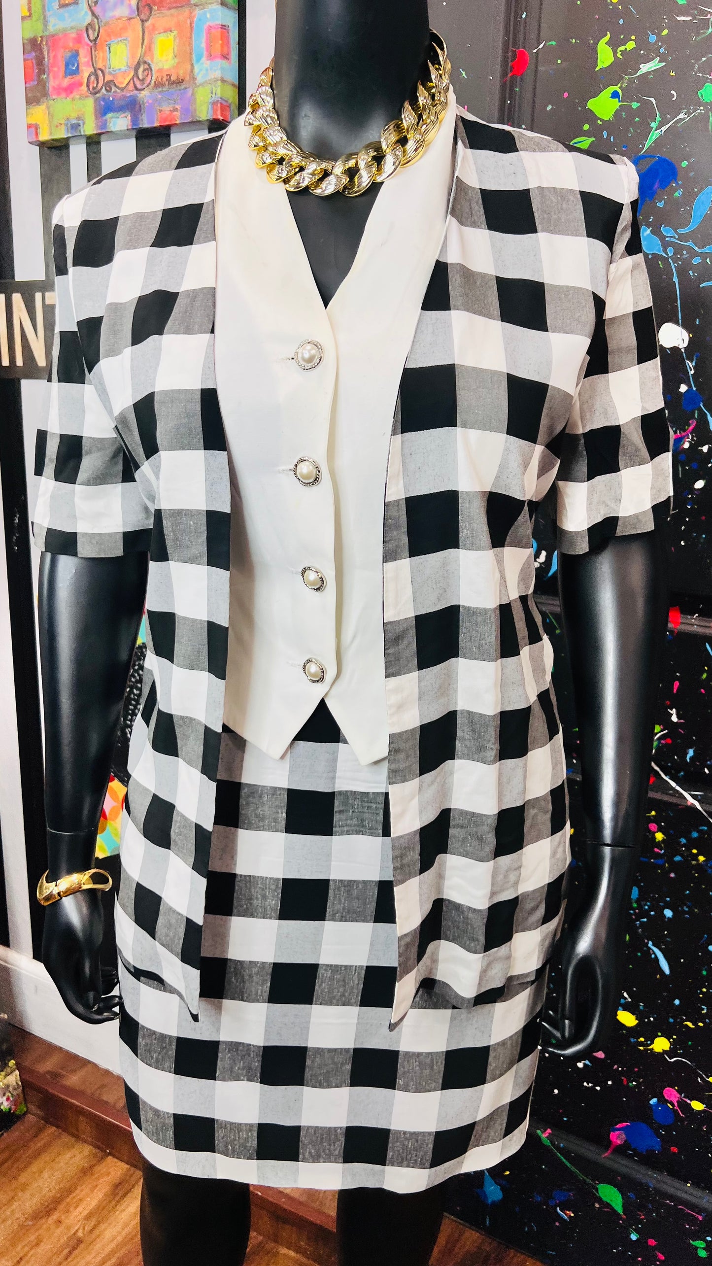 Vintage White & Black Checkered Skirt Suit (14)