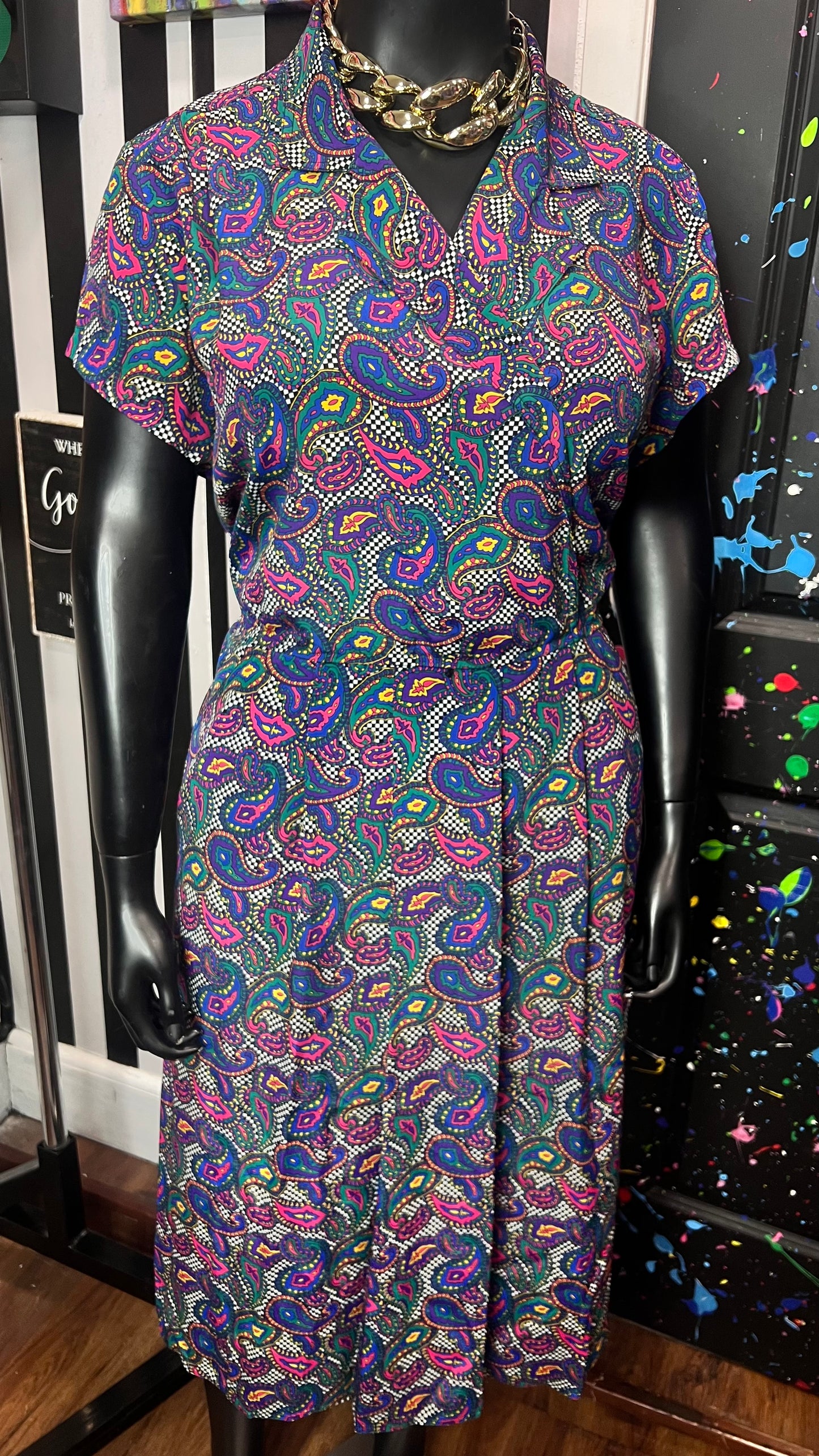 Vintage Checkered Paisley Dress (14W)