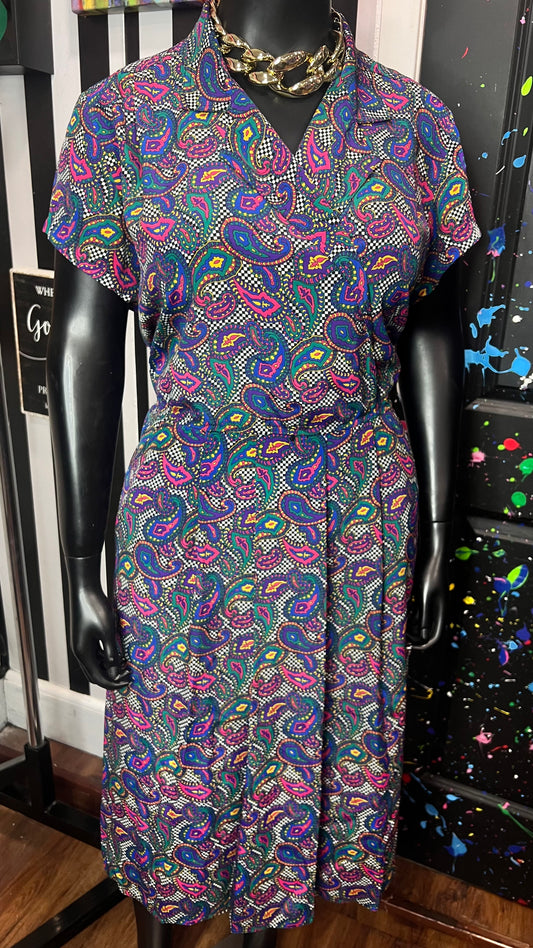 Vintage Checkered Paisley Dress (14W)