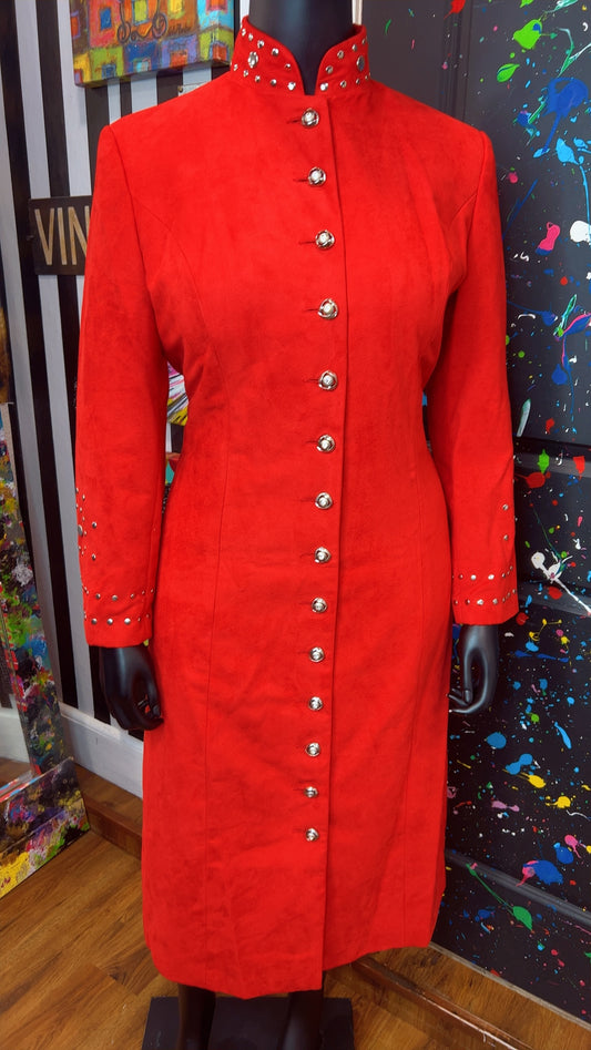 Vintage Studded Long Red Jacket & Skirt Suit (14W)