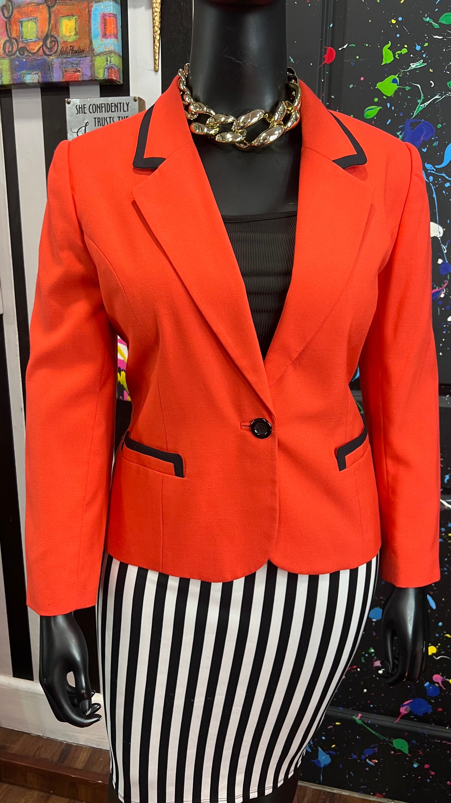 Vintage Cropped Red & Black Trim Blazer (16W)