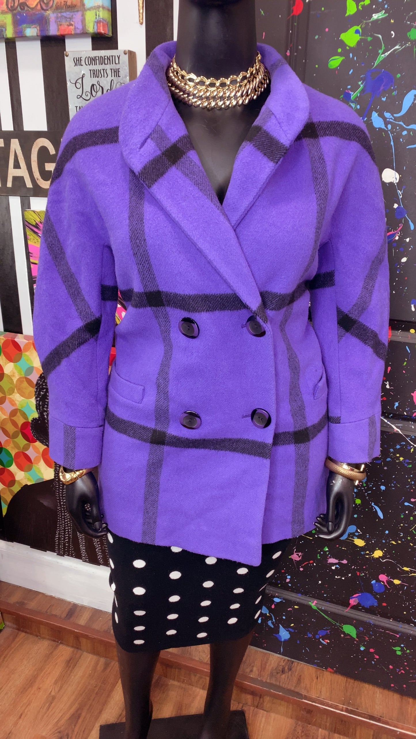 Vintage Purple & Black Striped Wool Coat w/ Lining (16)