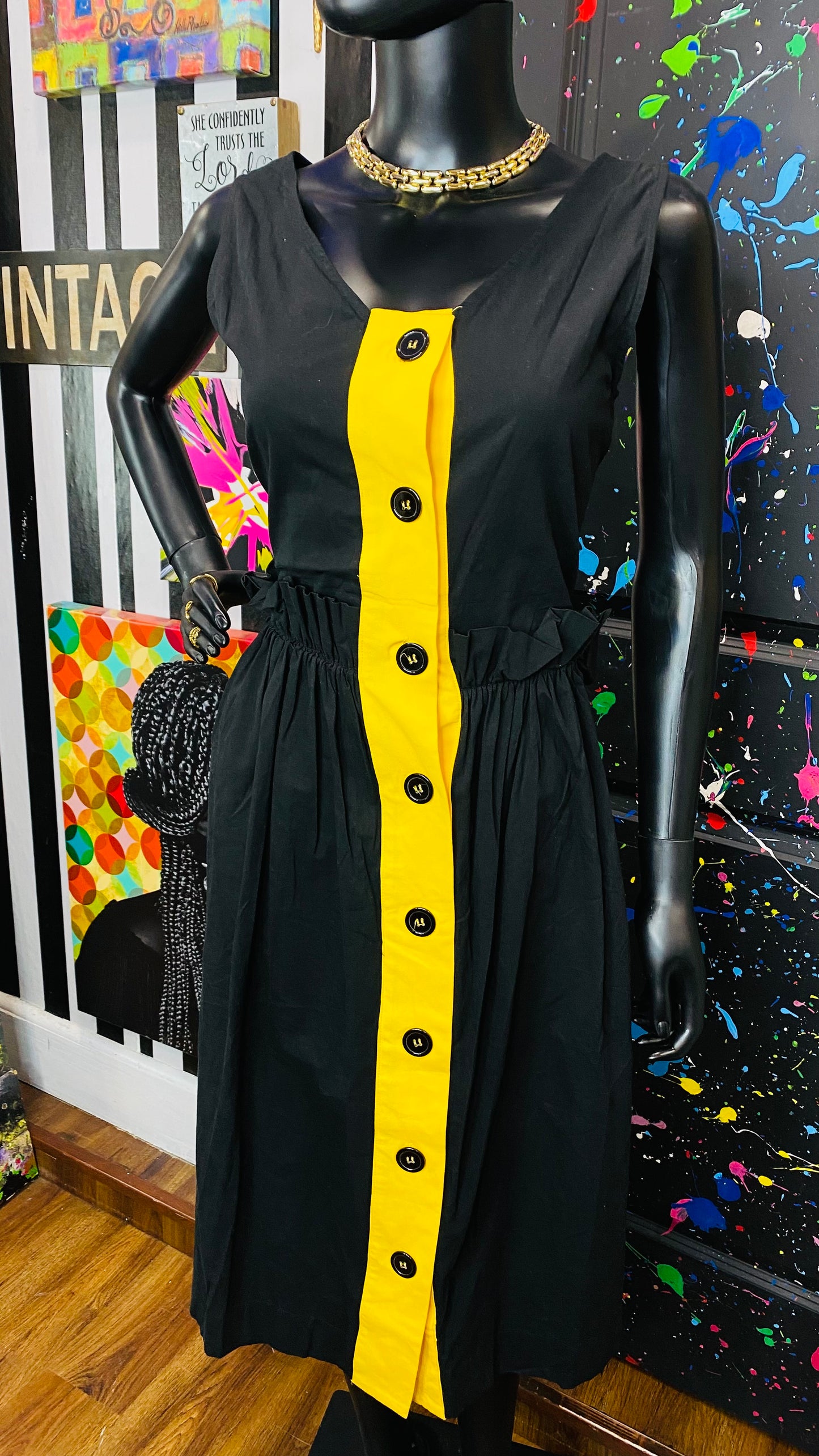 Black & Yellow Paper Bag Waist Dress (12)