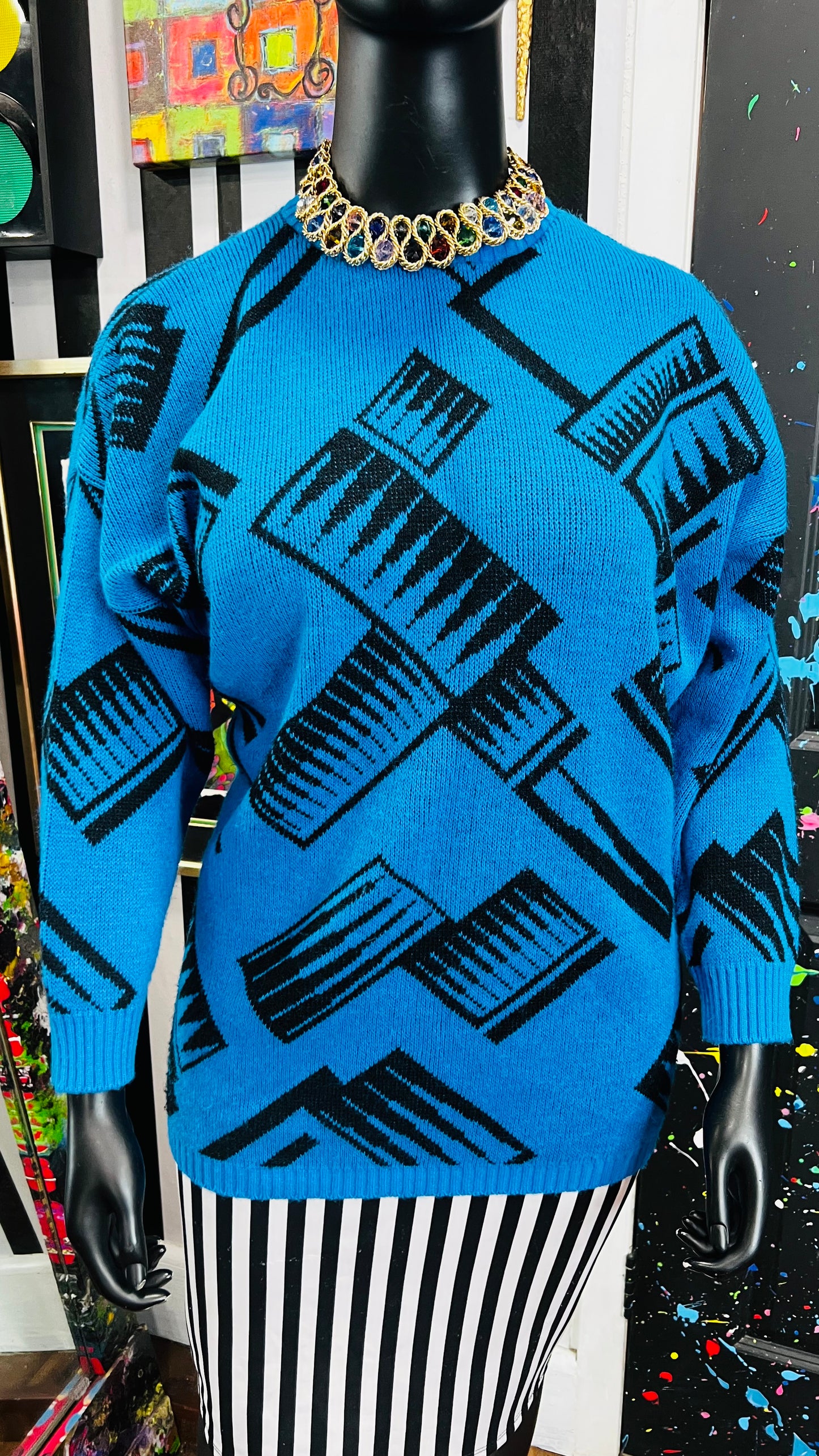 Vintage Blue & Black Abstract Sweater (24)