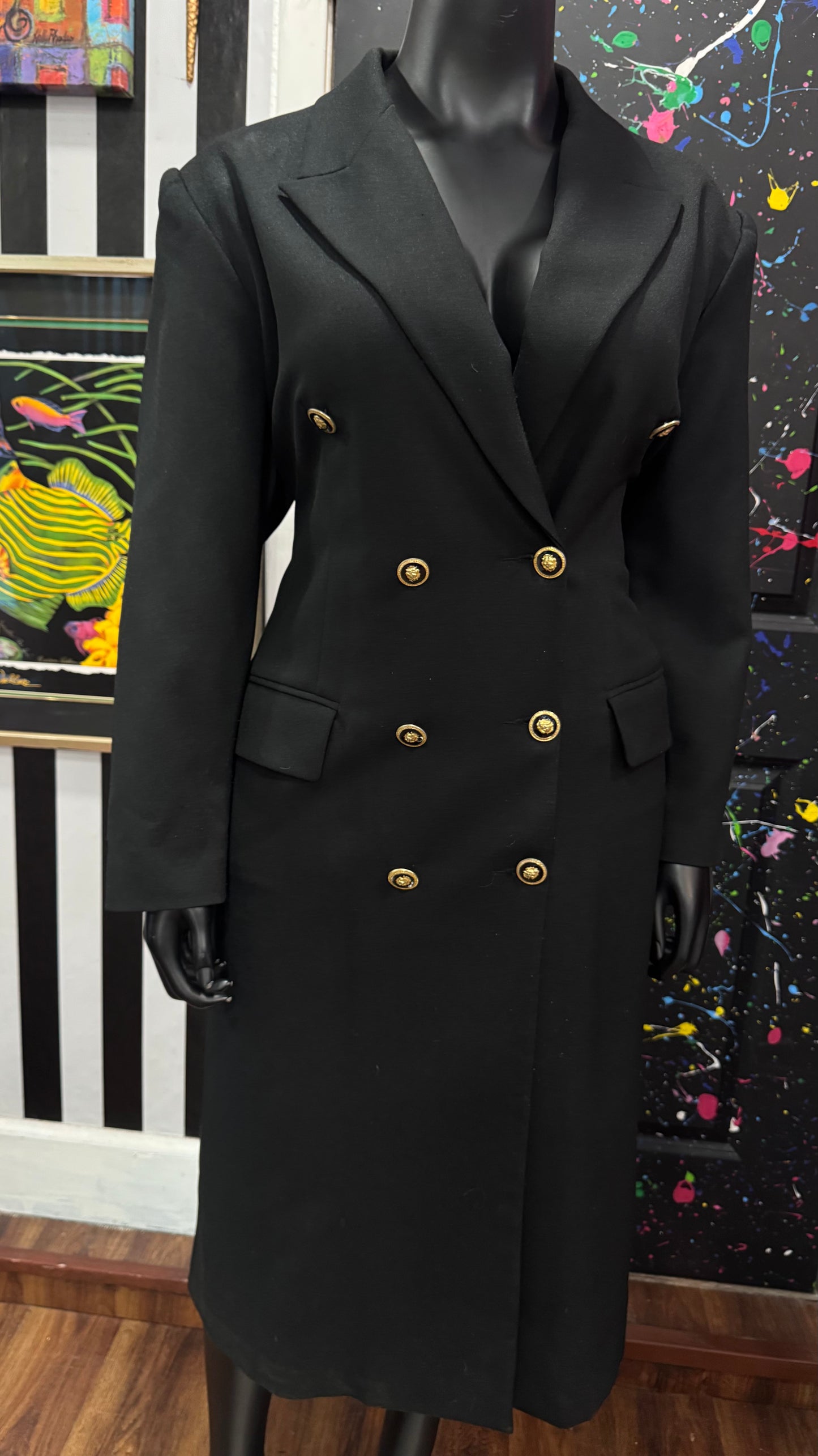Vintage Black Blazer Dress w/ Gold Lion Buttons (20W)