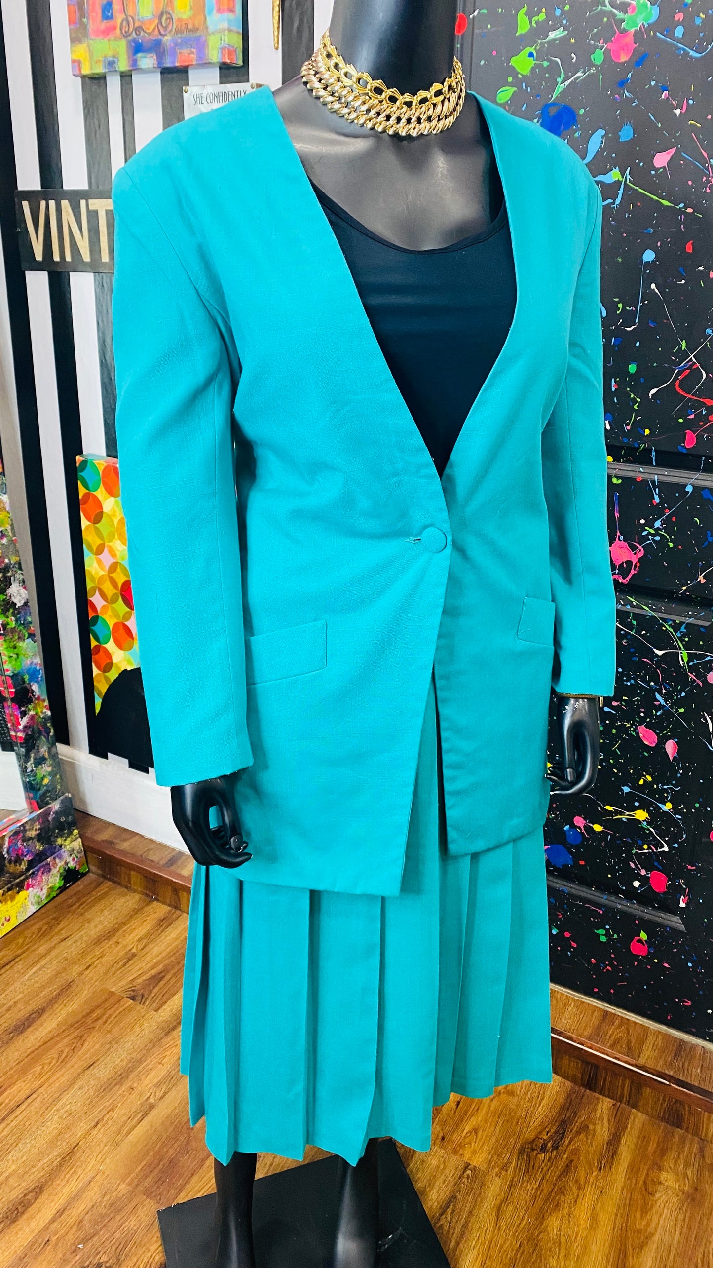 Vintage Teal Blue Pleated Skirt Set (18)