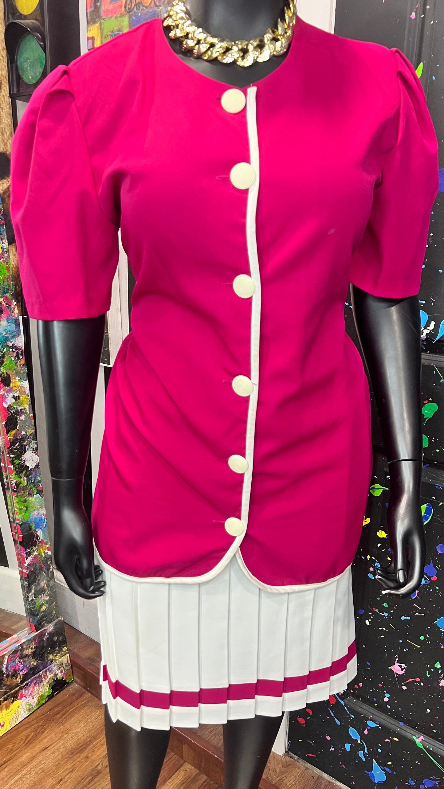 Vintage Pink & White Pleated Skirt Set (18)