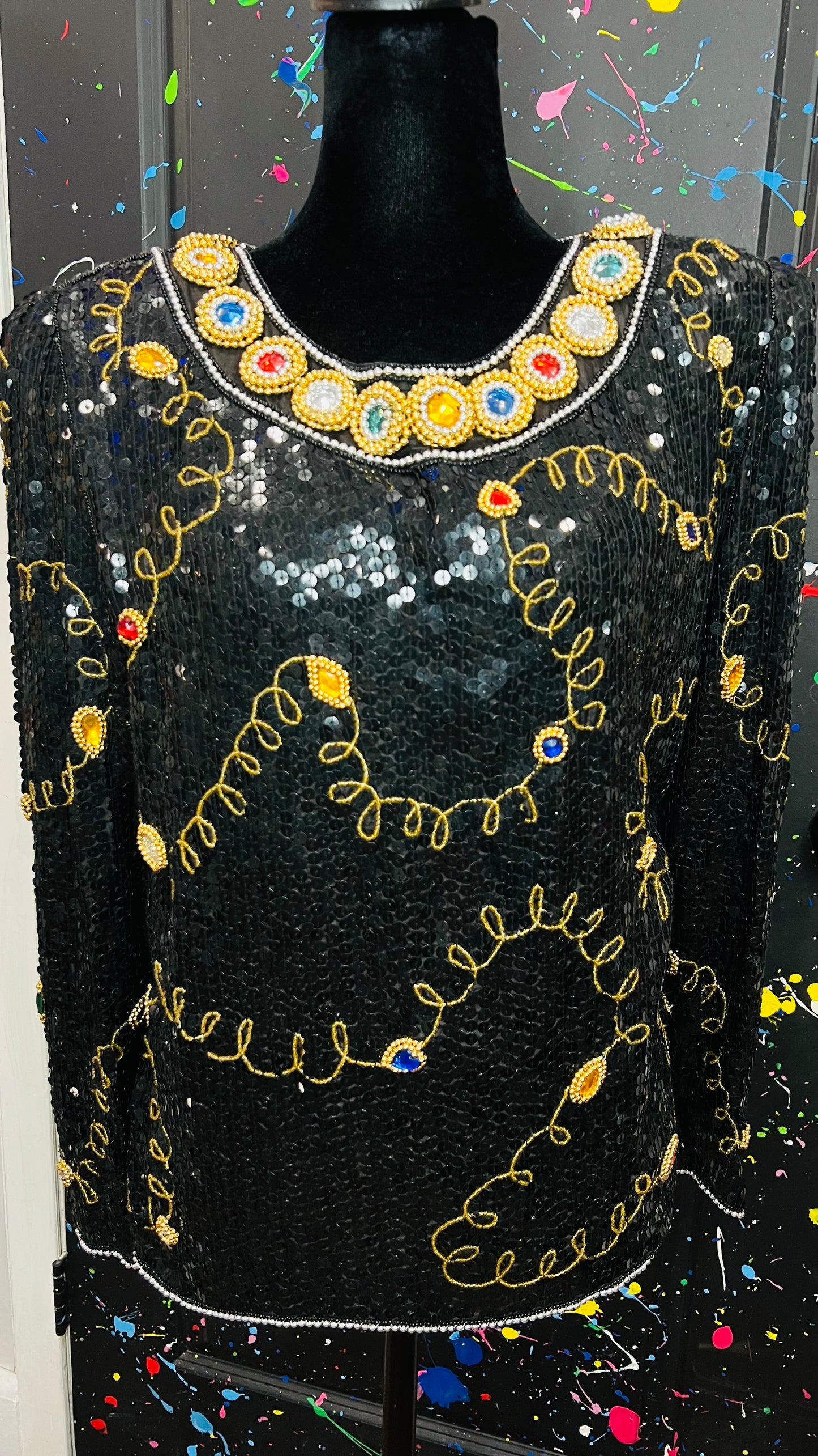 Vintage 100% Silk Sequin Jeweled Blouse (12)