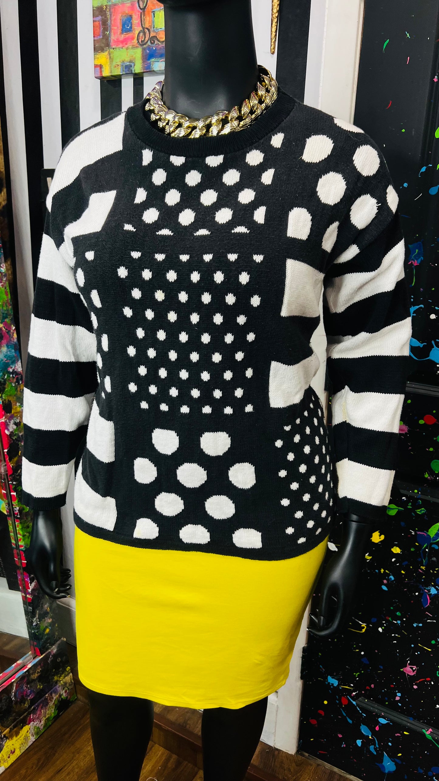 Vintage Black & White Polka Dot & Stripes Sweater (16)