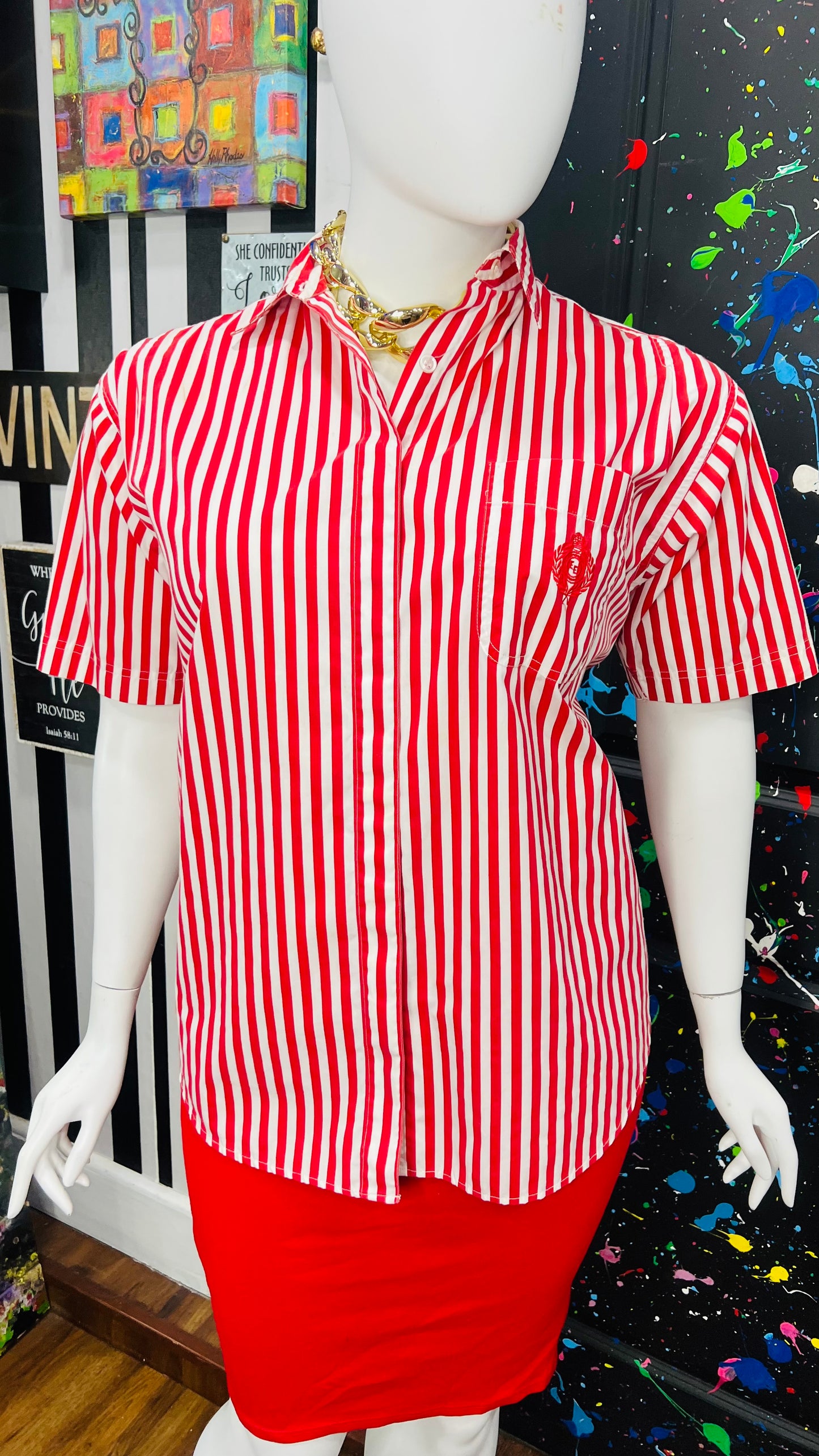 Vintage Cotton Red & White Striped Blouse (22W)